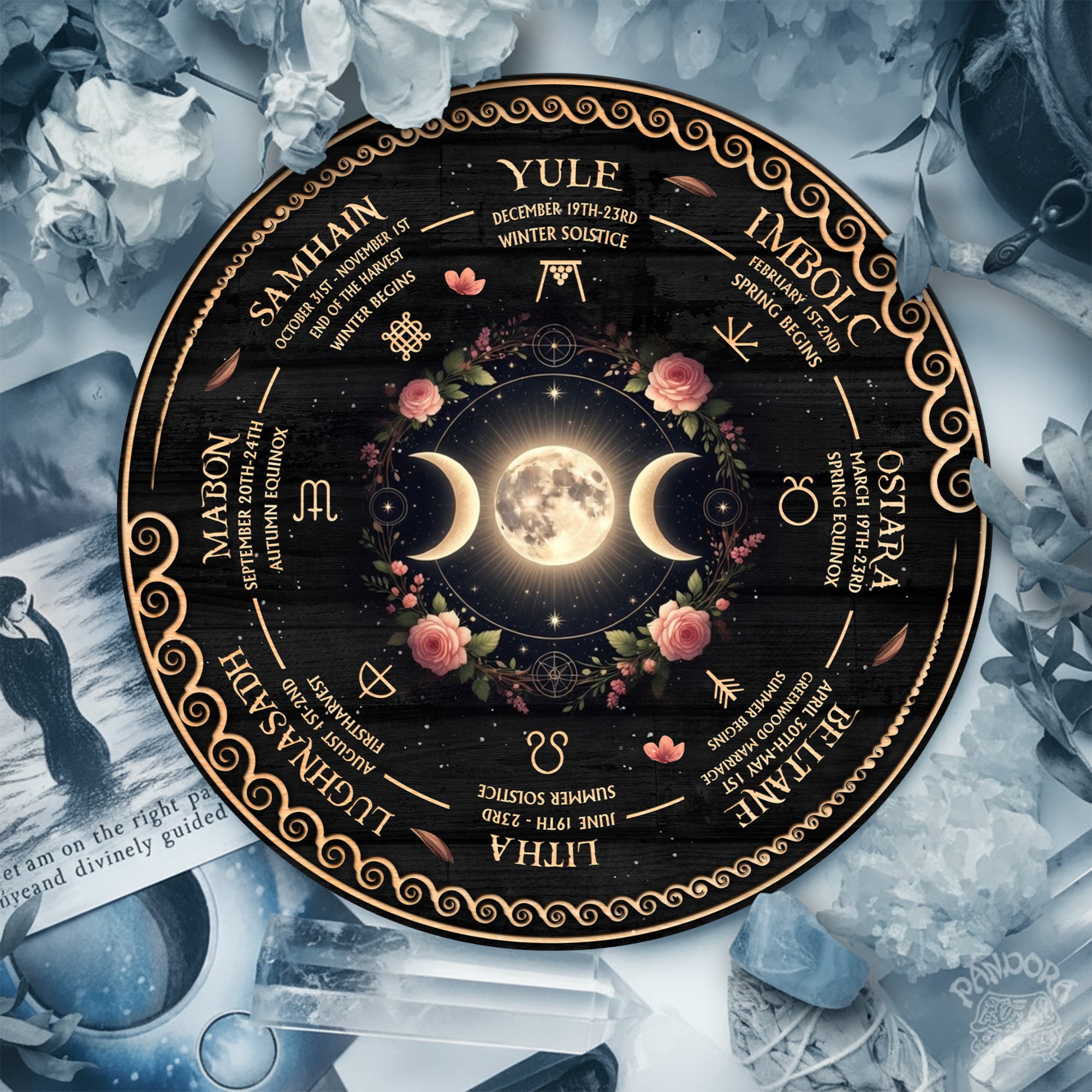Triple Moon Floral Wheel of the Year Wooden Pagan Decor