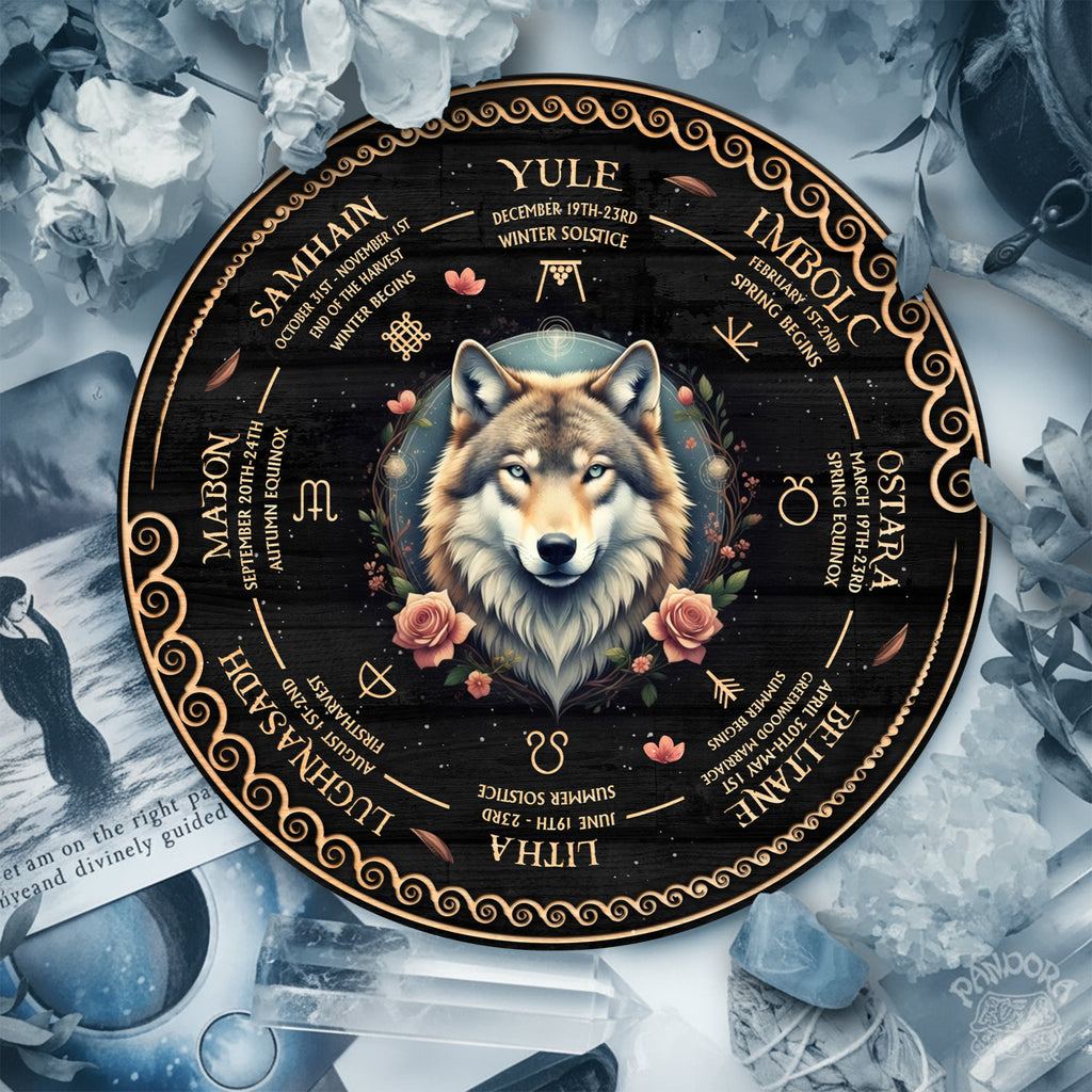 Wolf Floral Wheel of the Year Wooden Pagan Wall Art