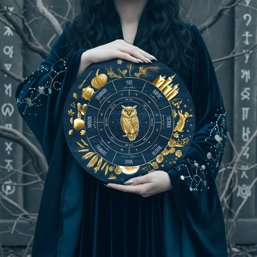 Blue Owl Wheel of the Year Wooden Pagan Wall Decor