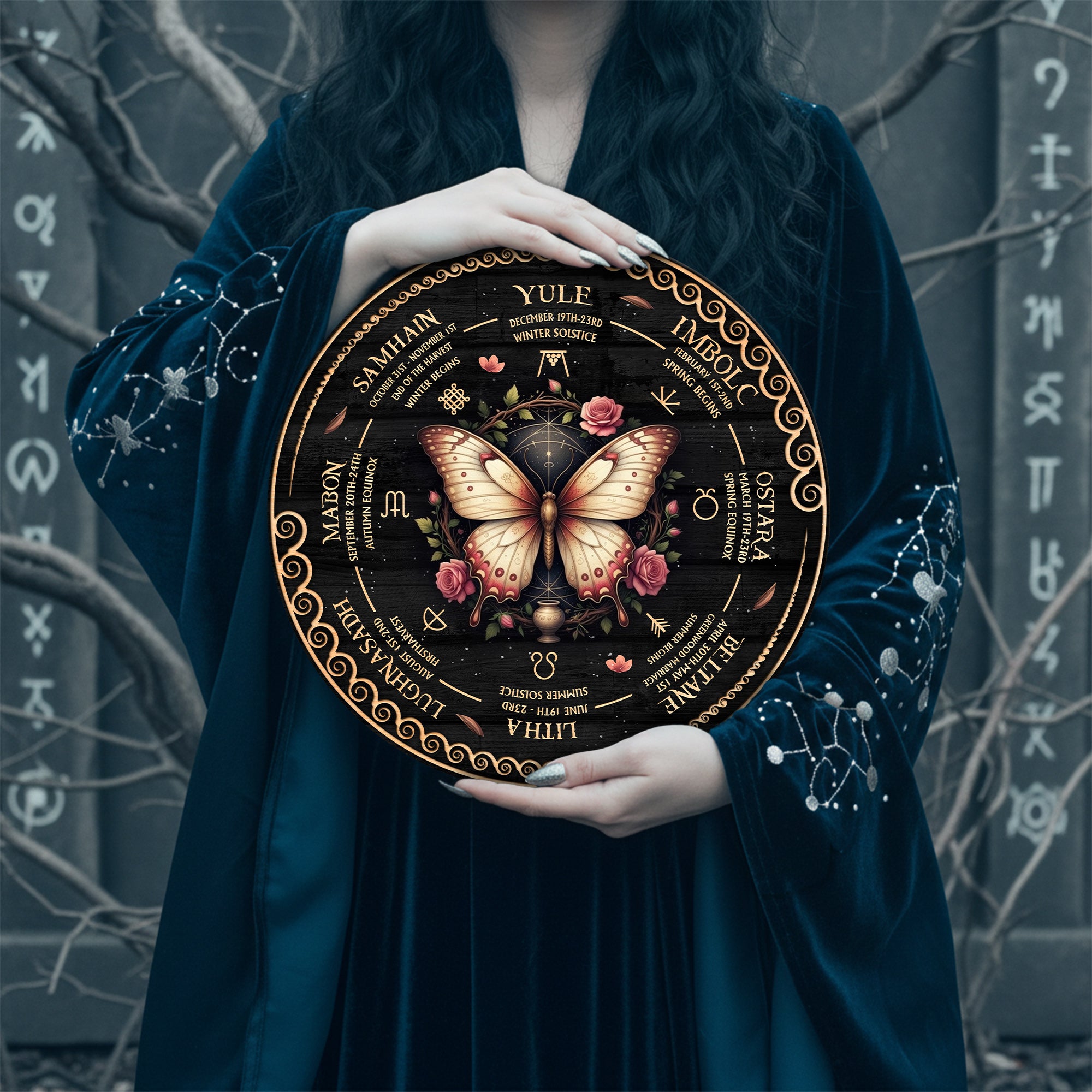 Butterfly Floral Wheel of the Year Wooden Pagan Decor