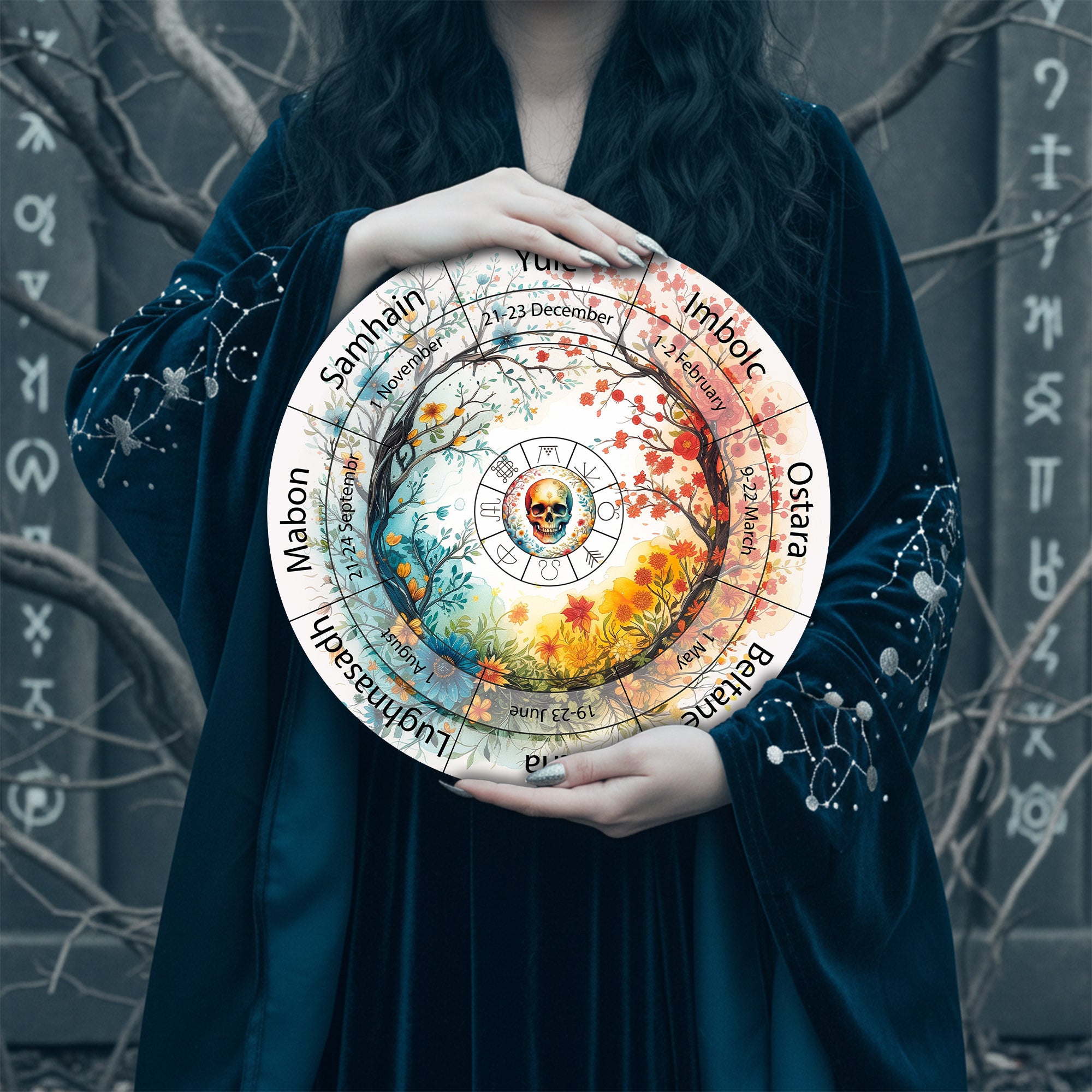 Colorful Skull Wheel of the Year Wooden Gothic Decor