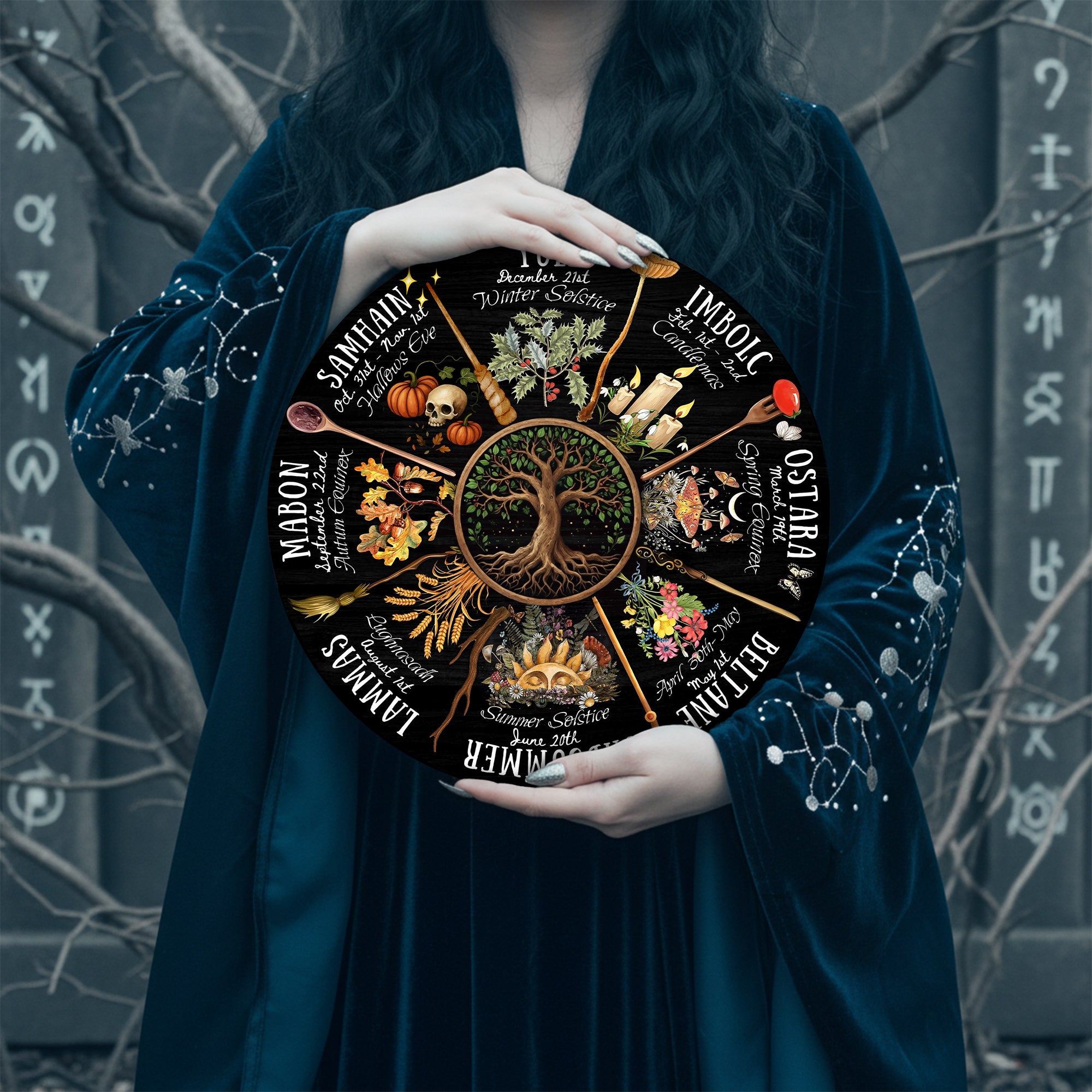 Tree Dark Seasonal Wheel of the Year Wooden Wall Decor