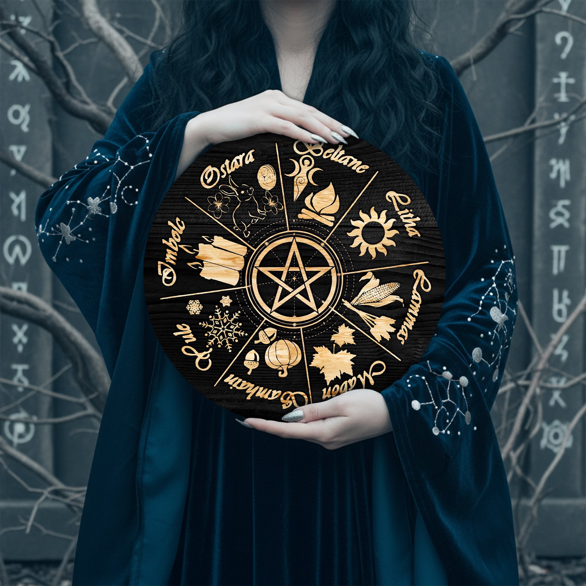 Pentagram Seasonal Wheel of the Year Wooden Wiccan Decor