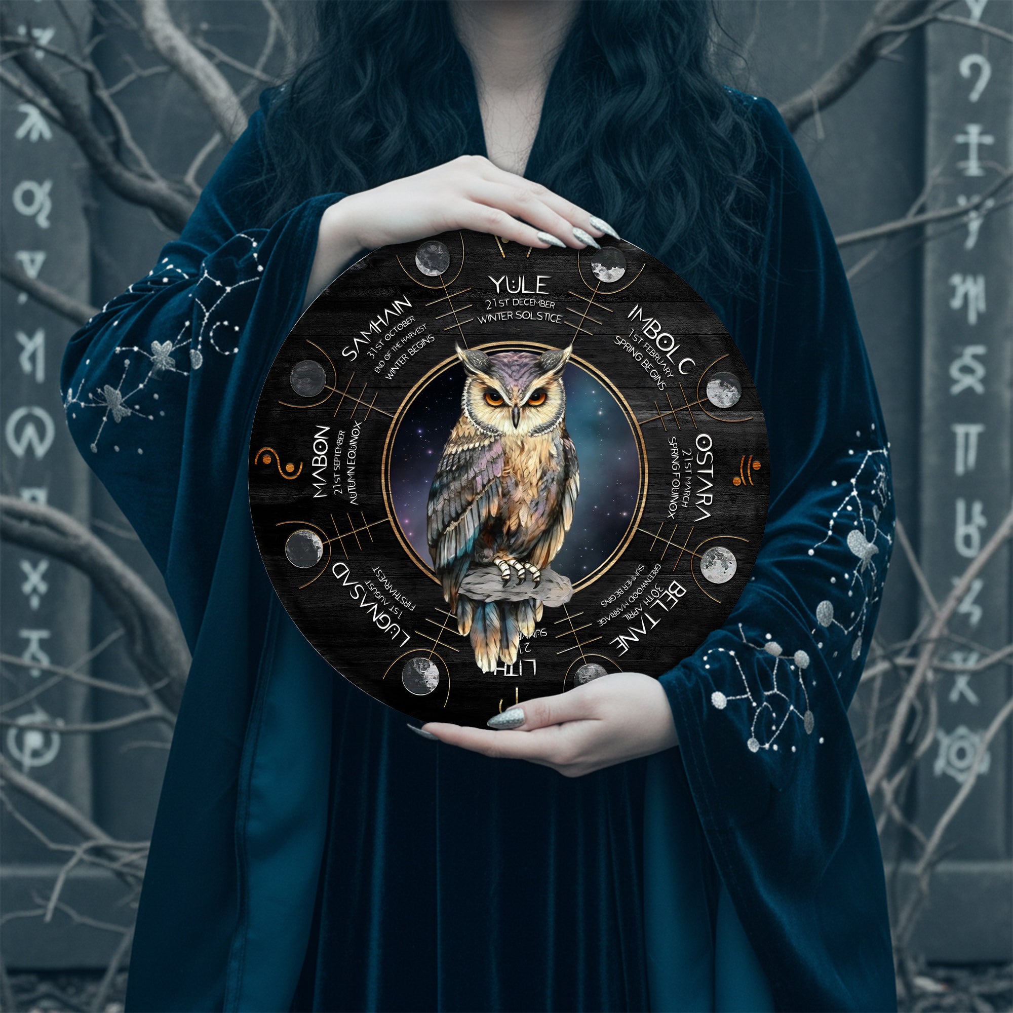 Owl Wheel of the Year Wooden Pagan Spiritual Wall Decor