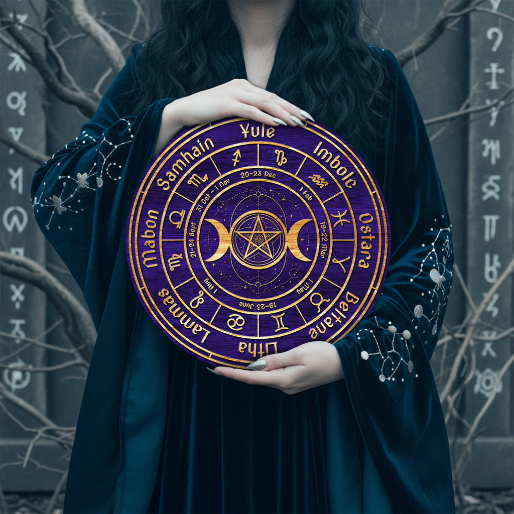 Purple Gold Wheel of the Year Wooden Pagan Wall Decor