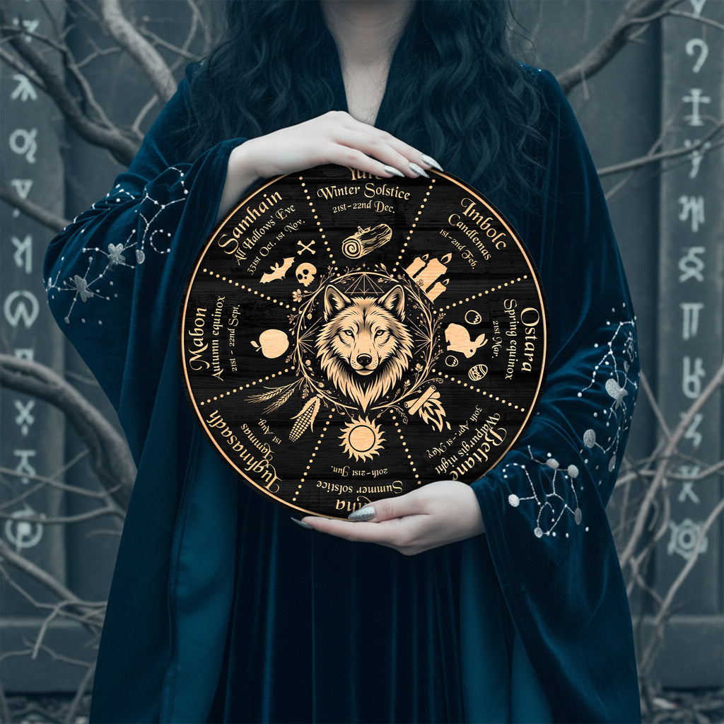Wolf Symbol Wheel of the Year Wooden Pagan Wall Decor