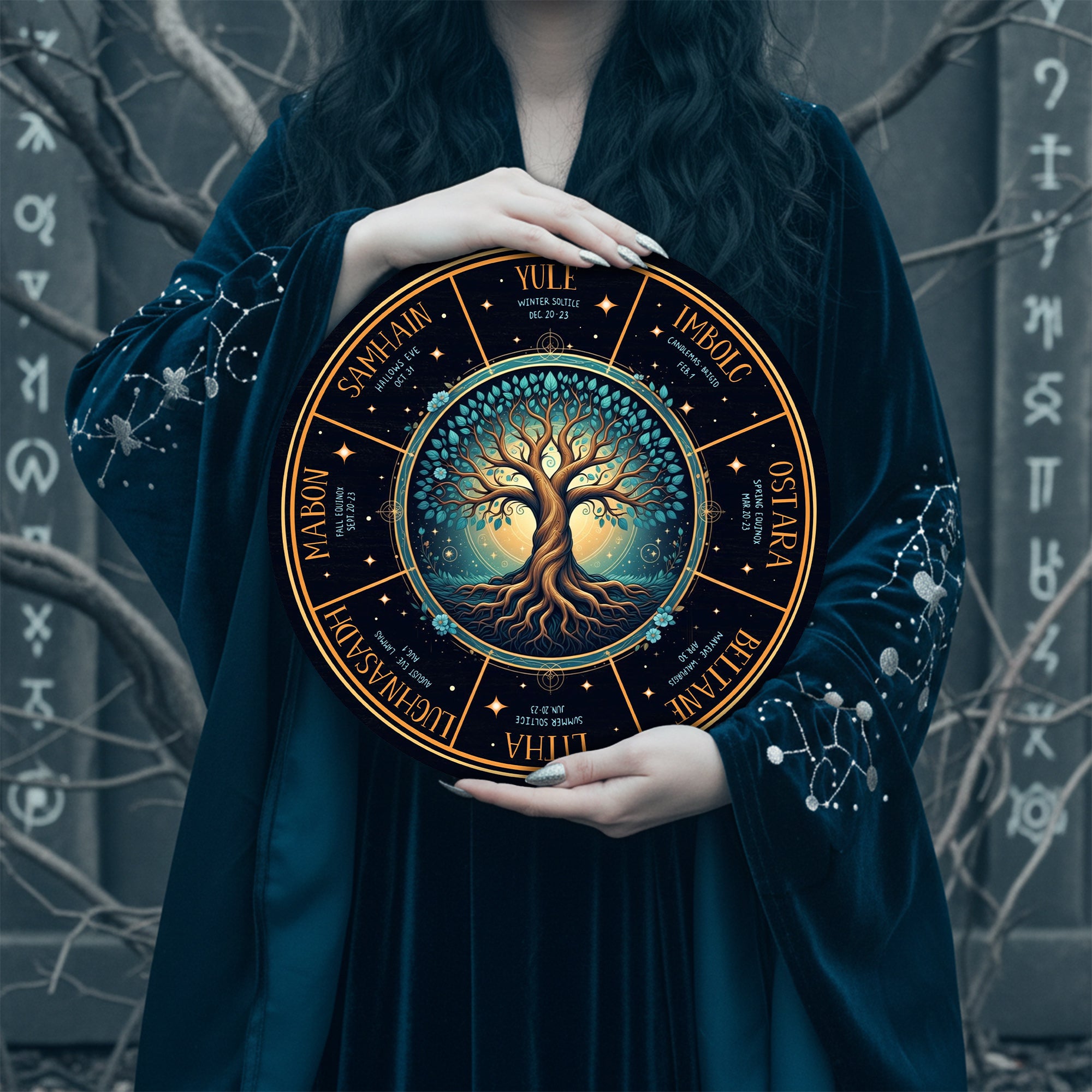 Blue Tree Wheel of the Year Wooden Pagan Wall Art