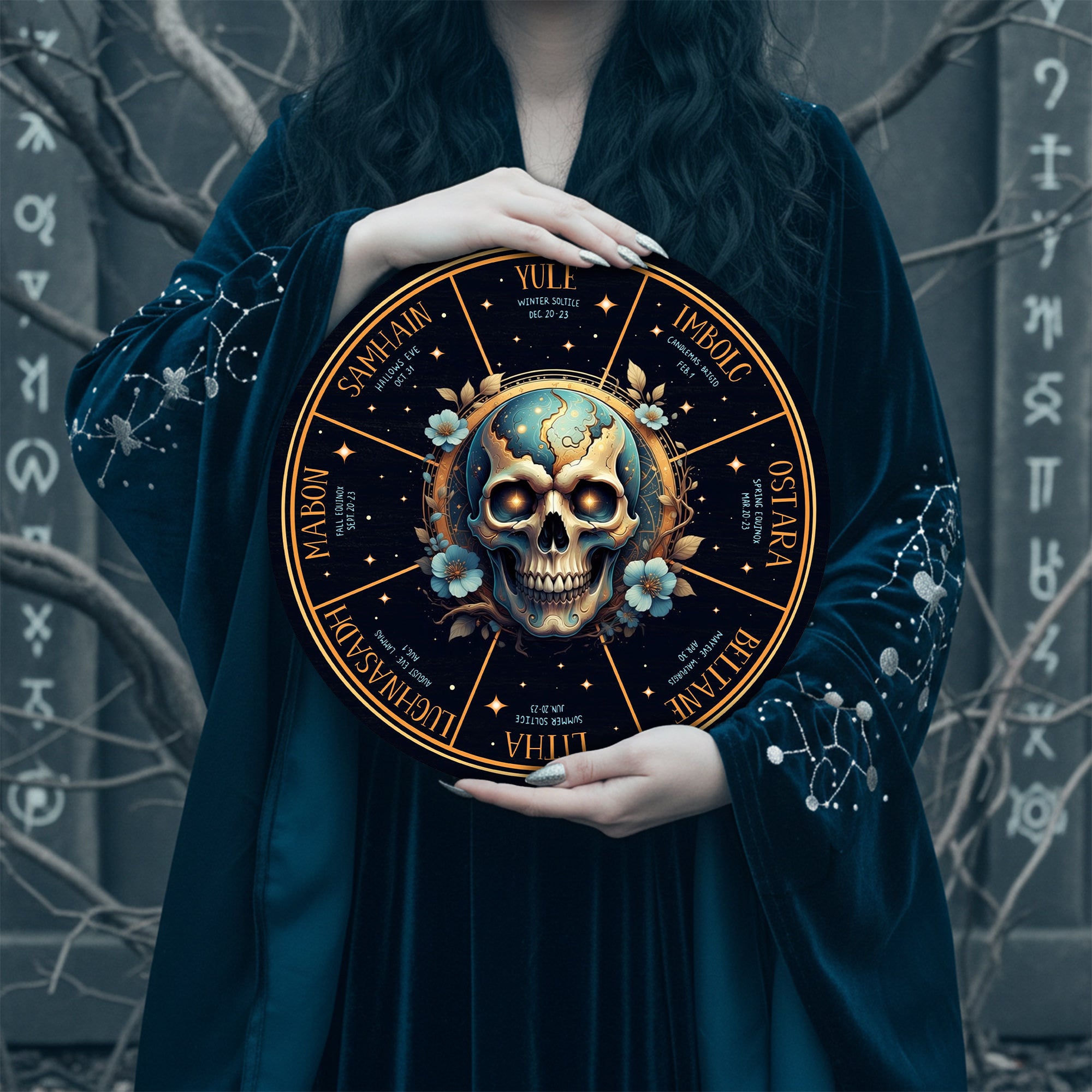 Skull Moon Wheel of the Year Wooden Gothic Wall Art