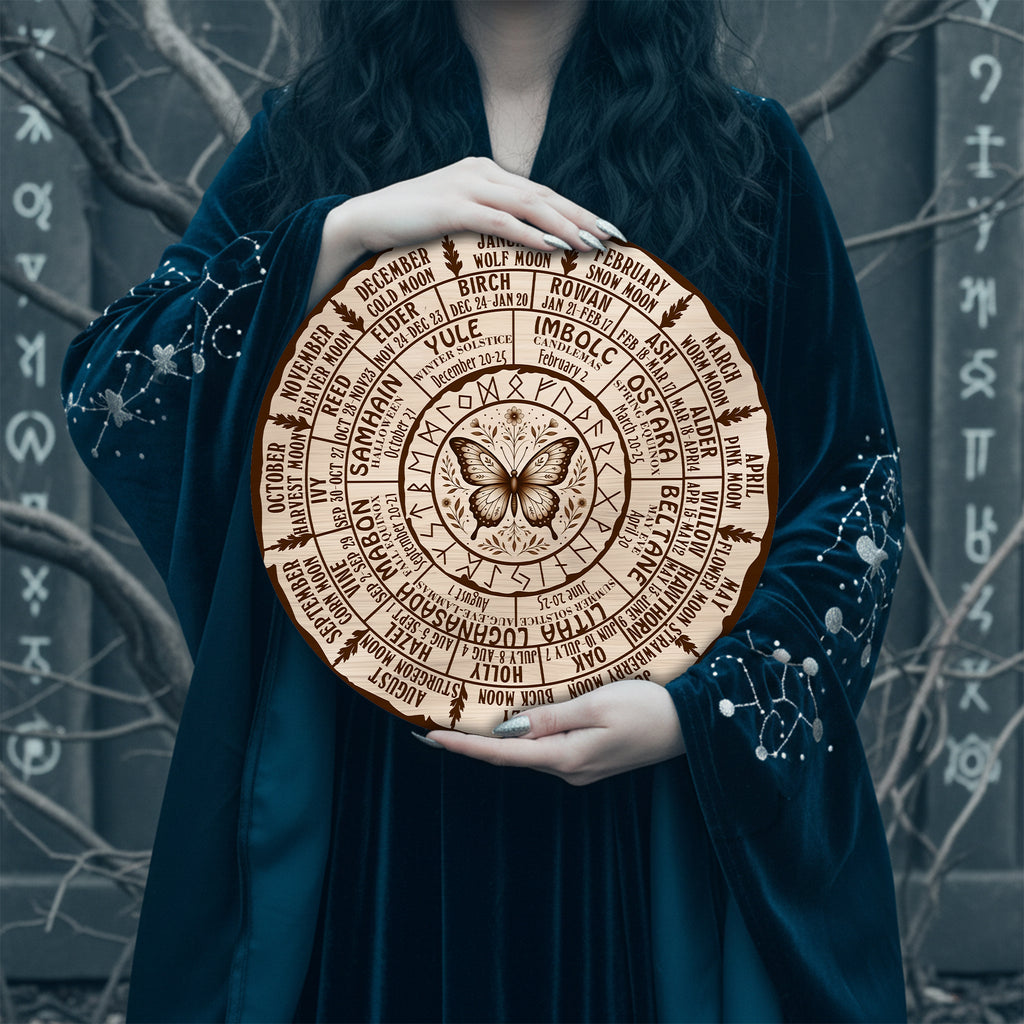 Butterfly Engraved Wheel of the Year Wooden Decor