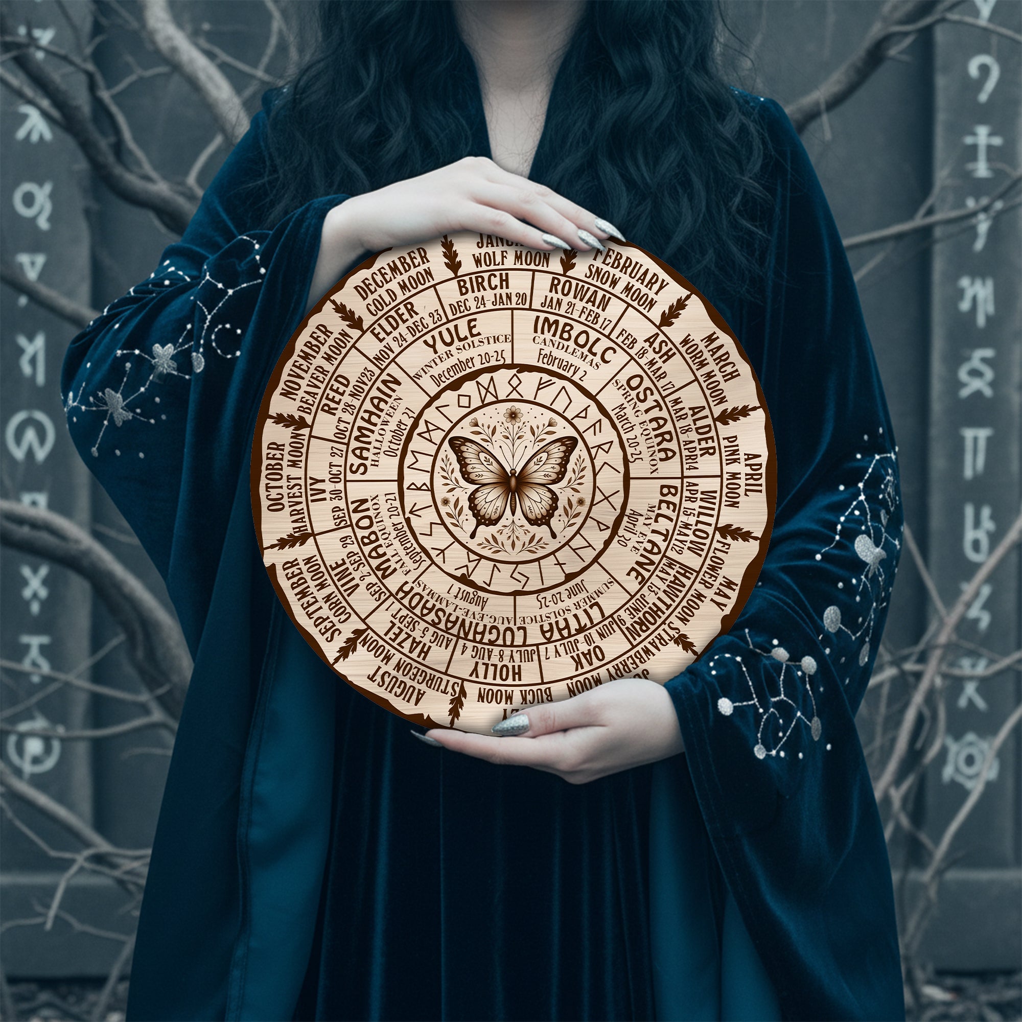 Butterfly Engraved Wheel of the Year Wooden Decor