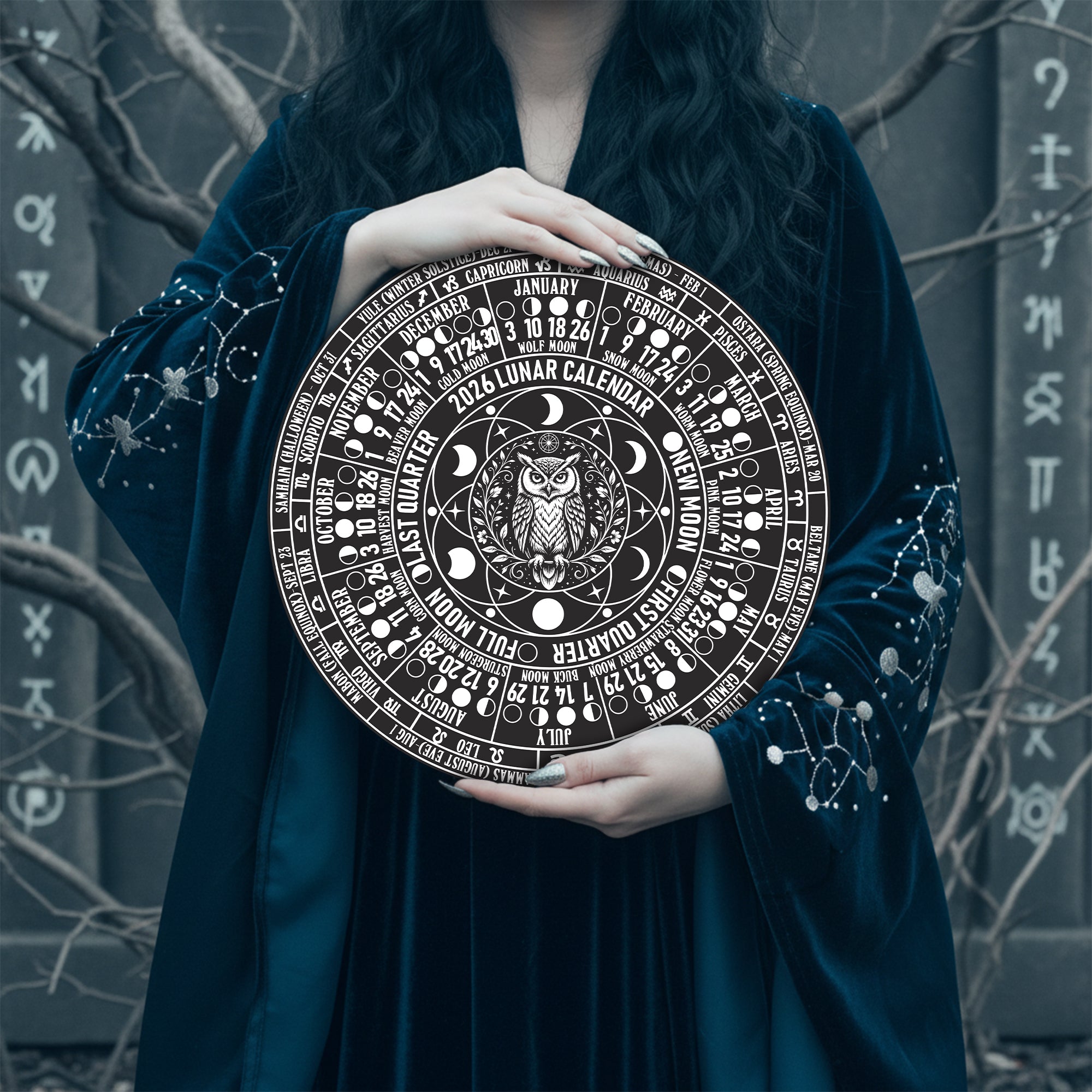 Owl Lunar Calendar Wooden Pagan Wall Art