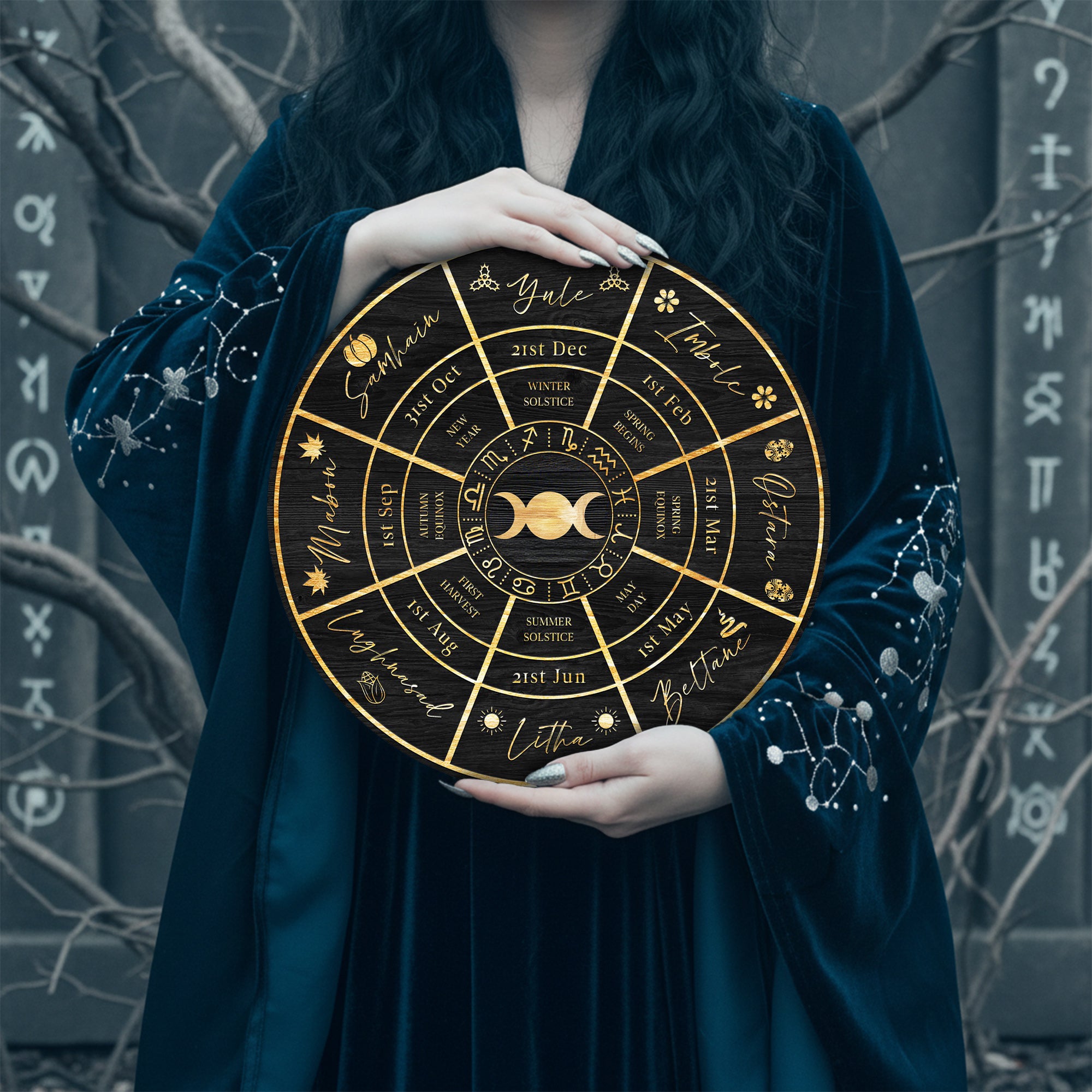 Black Gold Wheel of the Year Wooden Sabbat Wall Art