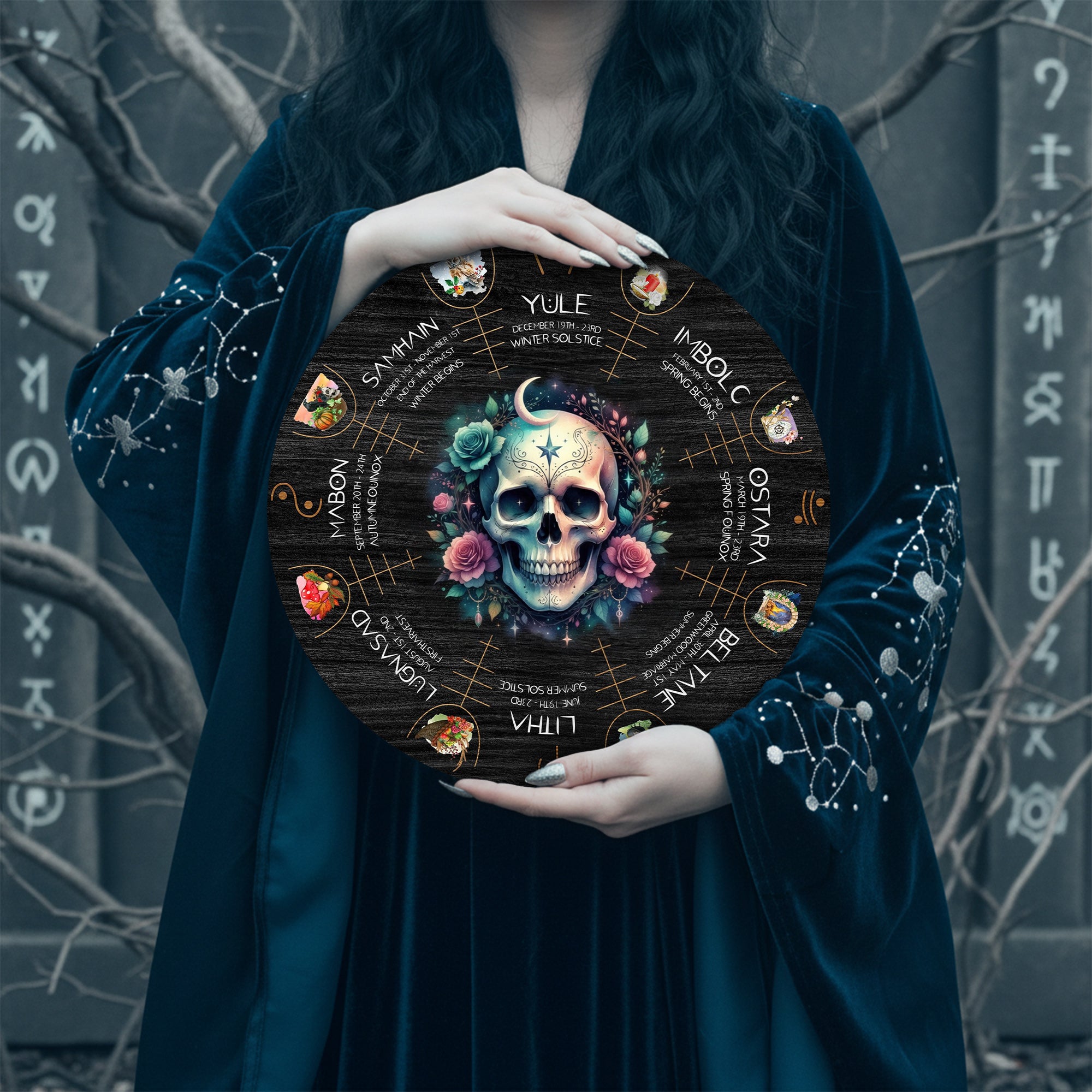 Floral Skull Wheel of the Year Wooden Gothic Wall Art