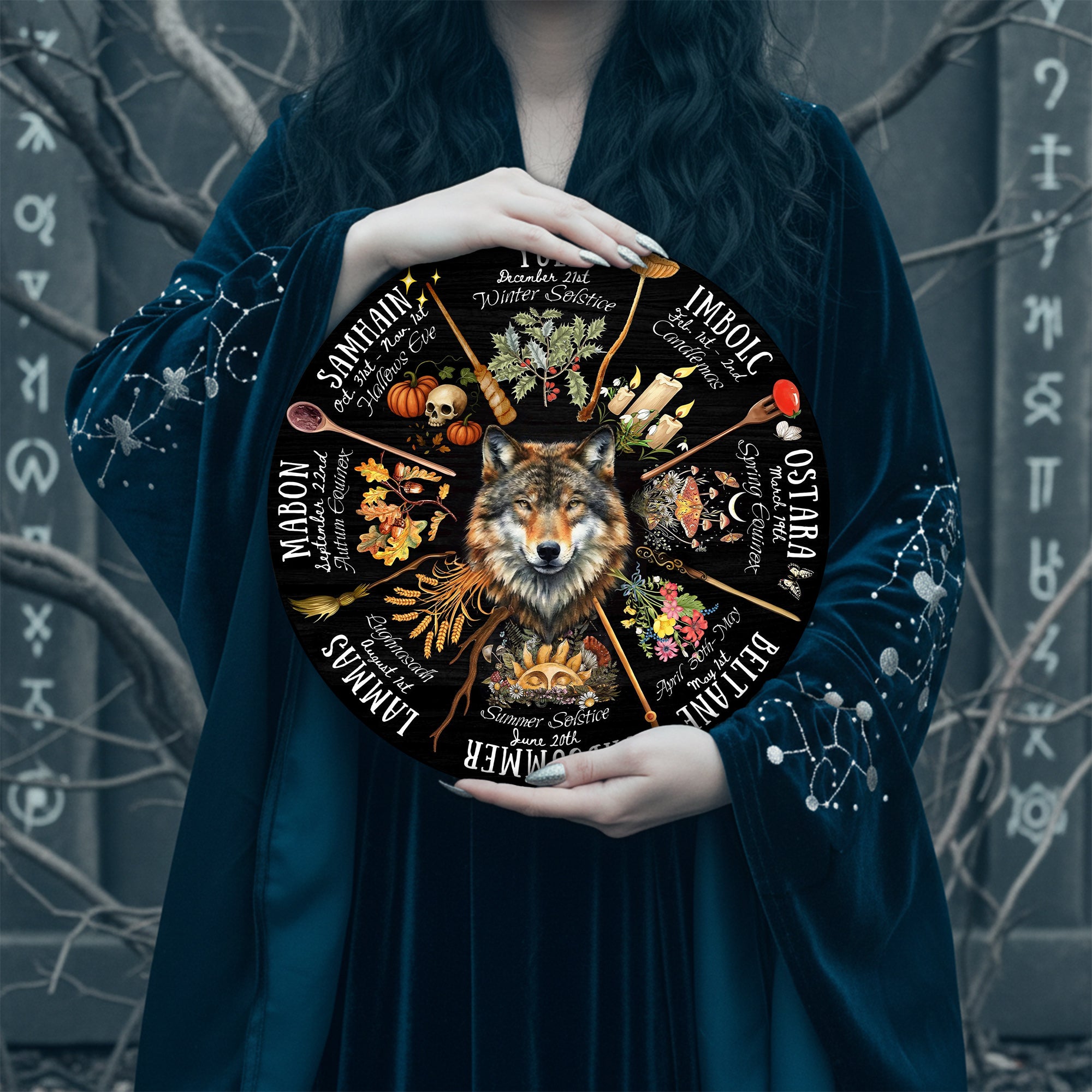 Wolf Dark Seasonal Wheel of the Year Wooden Pagan Art