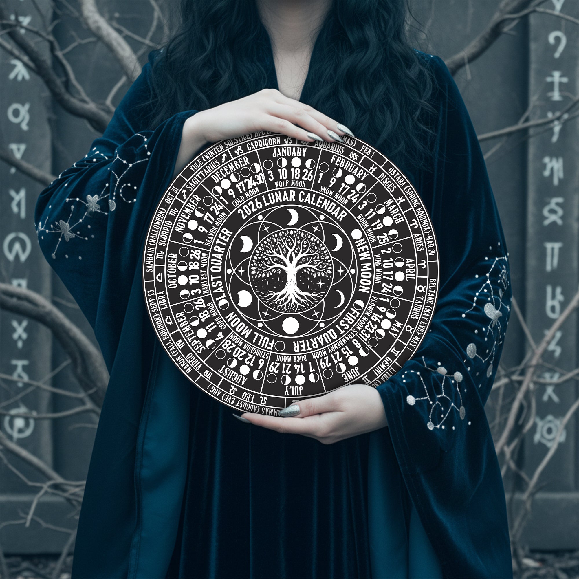 Lunar Calendar Wheel Wooden Pagan Wall Decor