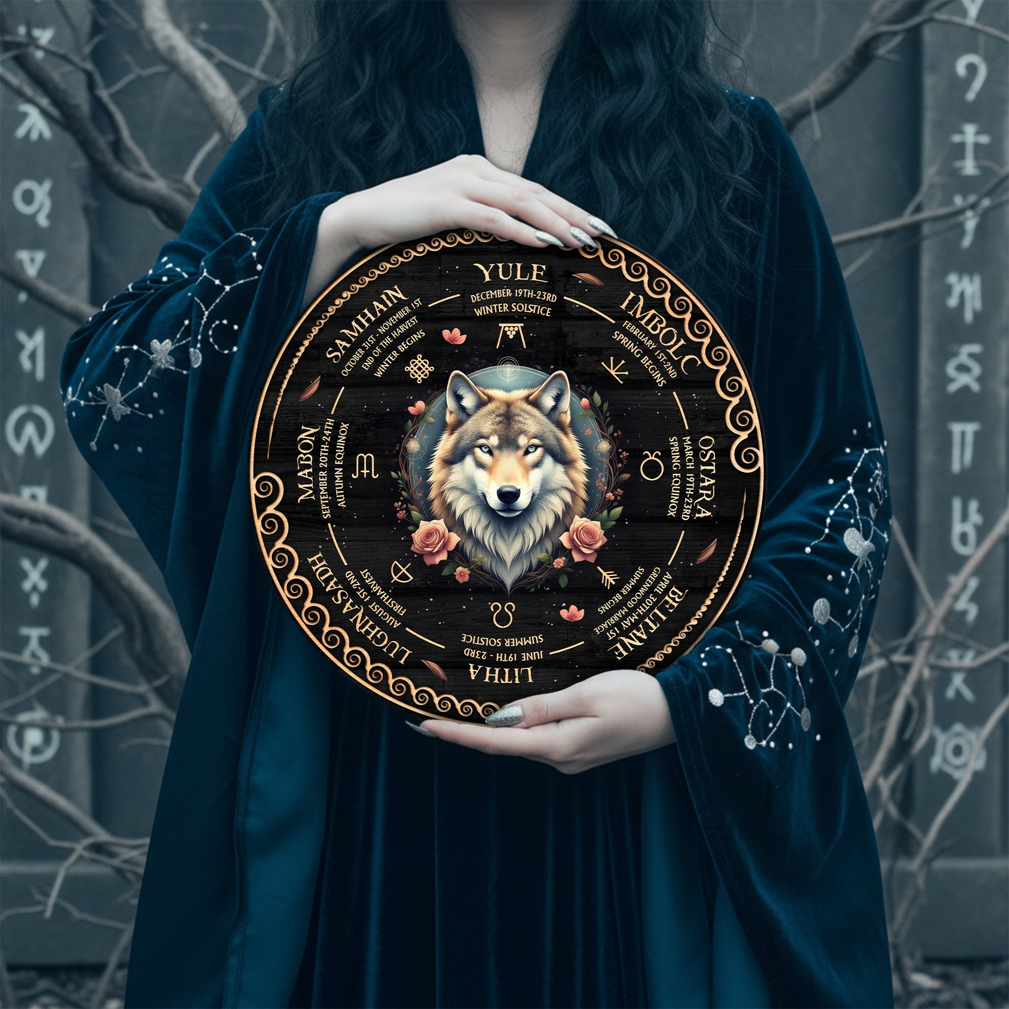 Wolf Floral Wheel of the Year Wooden Pagan Wall Art