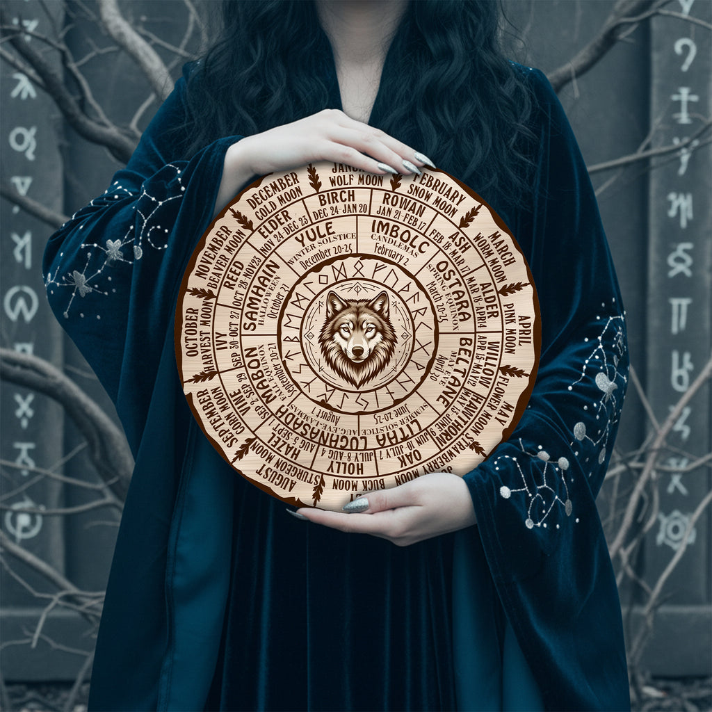 Wolf Engraved Wheel of the Year Wooden Wall Art