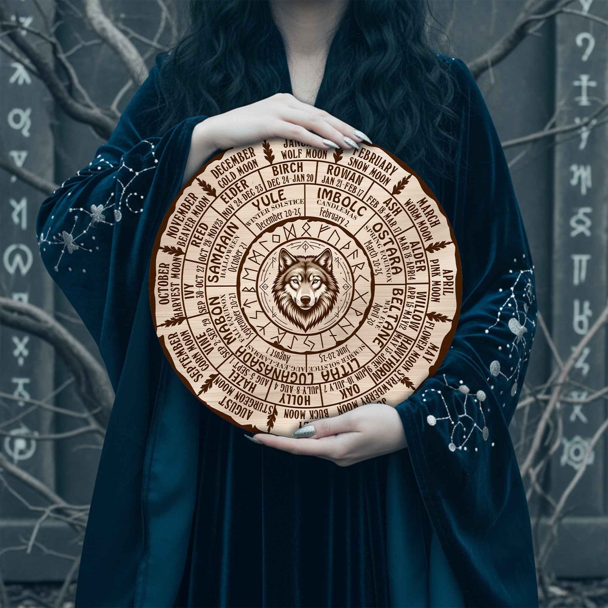 Wolf Engraved Wheel of the Year Wooden Wall Art