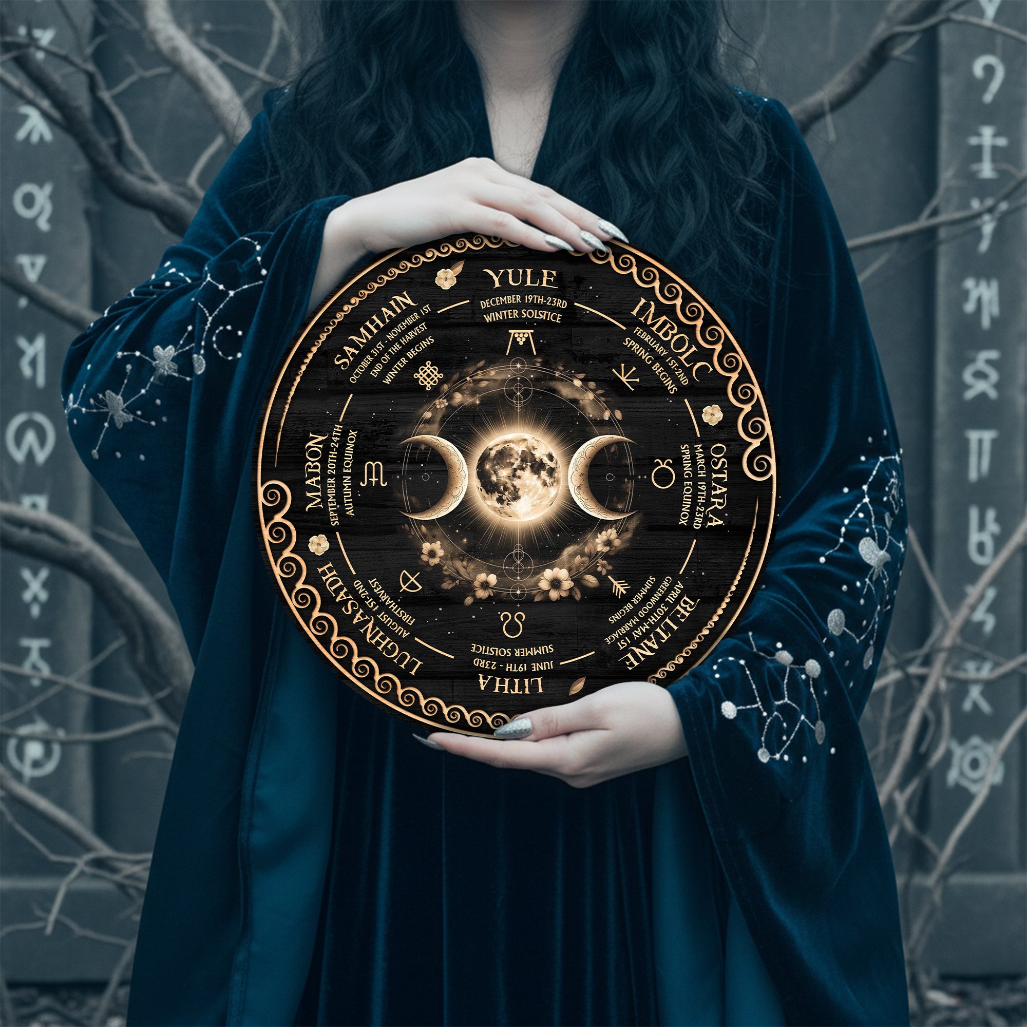 Triple Moon Wheel of the Year Wooden Pagan Wall Decor