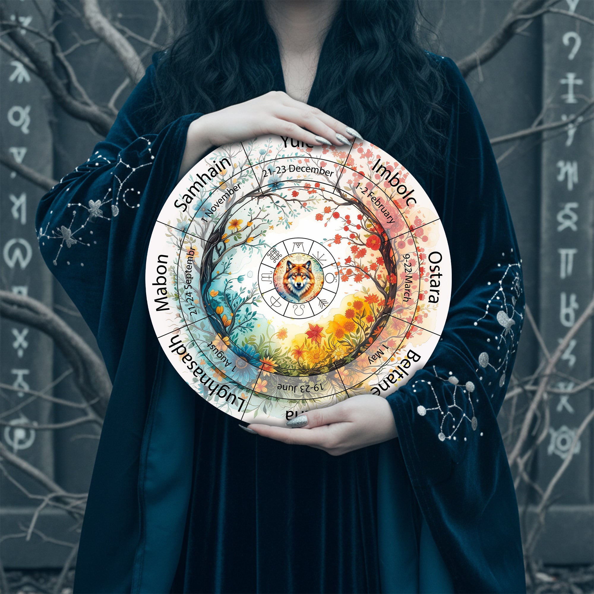 Colorful Owl Wheel of the Year Wooden Pagan Wall Art