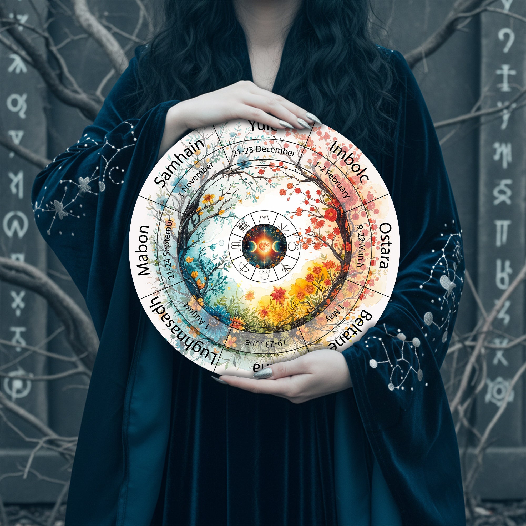 Colorful Moon Wheel of the Year Wooden Wall Art