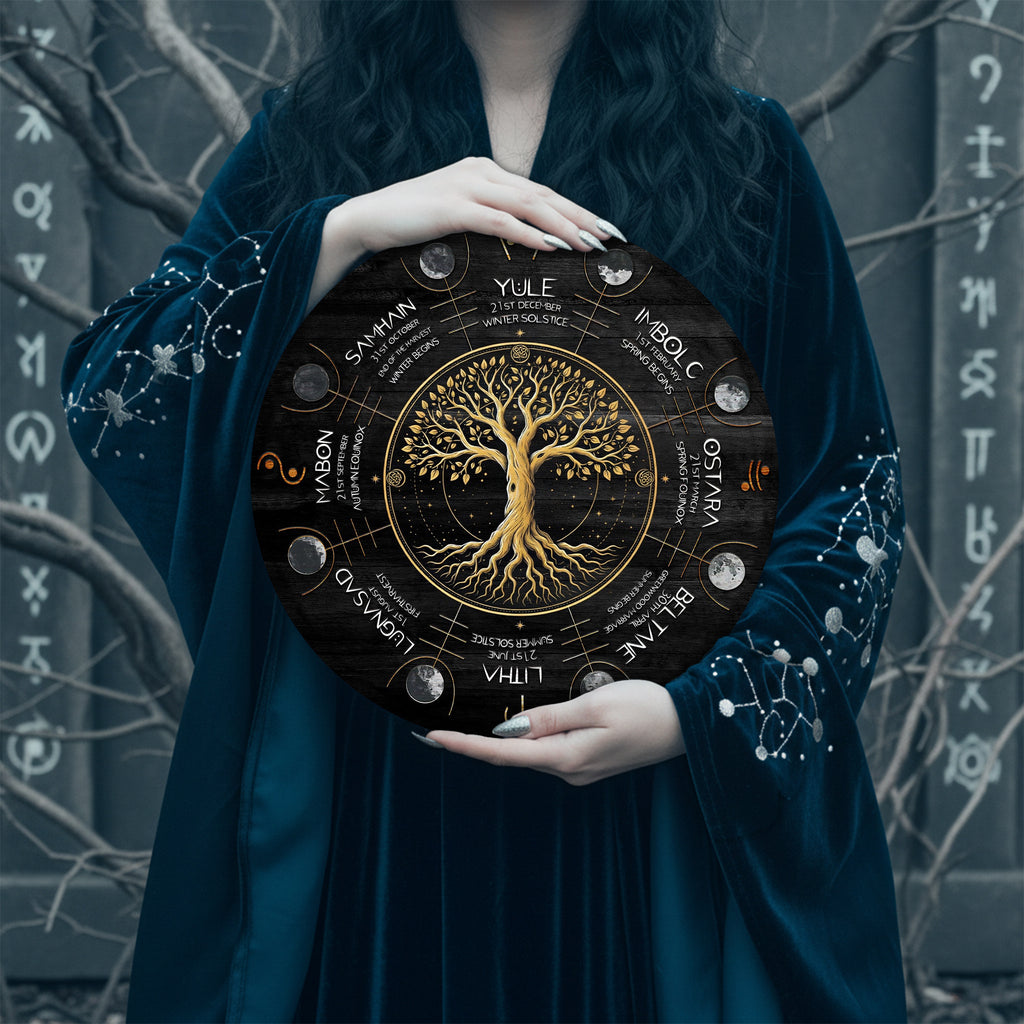 Black Gold Tree Wheel of the Year Wooden Pagan Wall Art