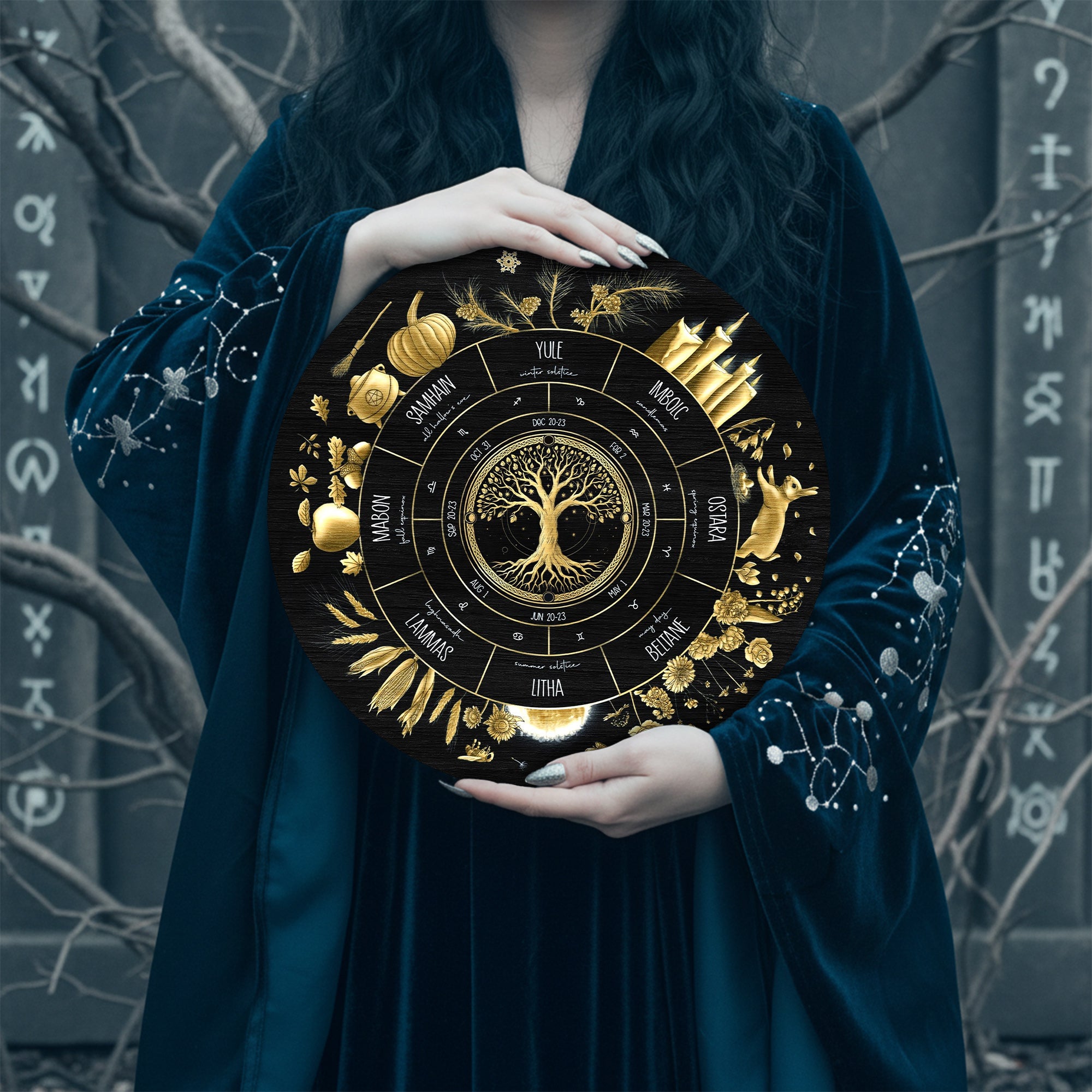 Golden Nature Wheel of the Year Wooden Pagan Wall Decor