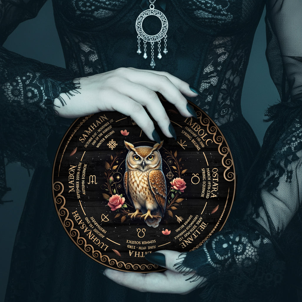 Owl Floral Wheel of the Year Wooden Pagan Wall Decor