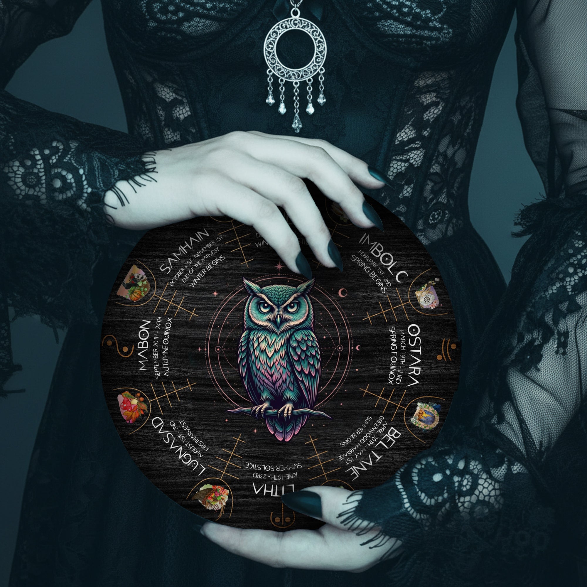 Mystic Owl Wheel of the Year Wooden Pagan Wall Art