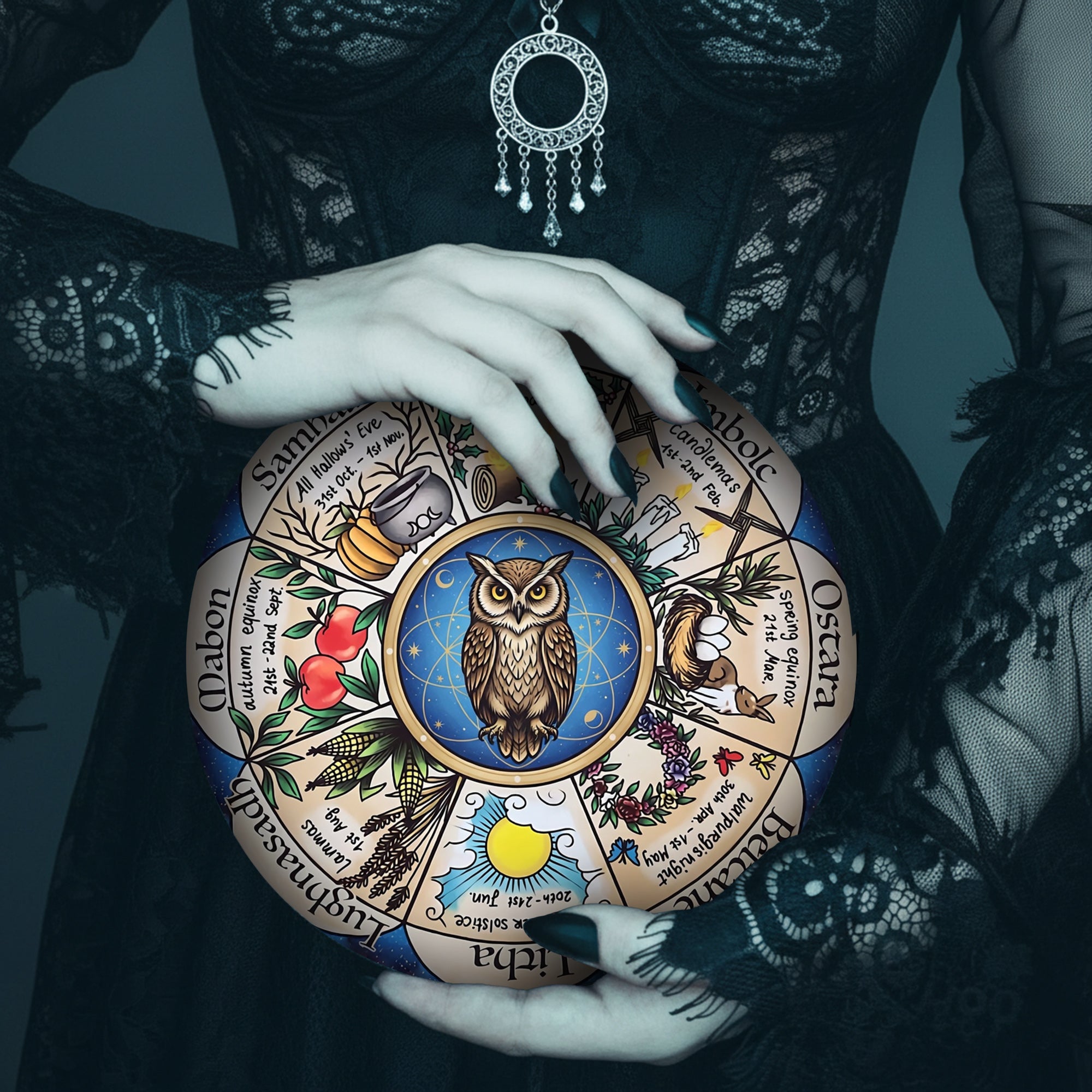 Owl Herbal Wheel of the Year Wooden Pagan Wall Decor