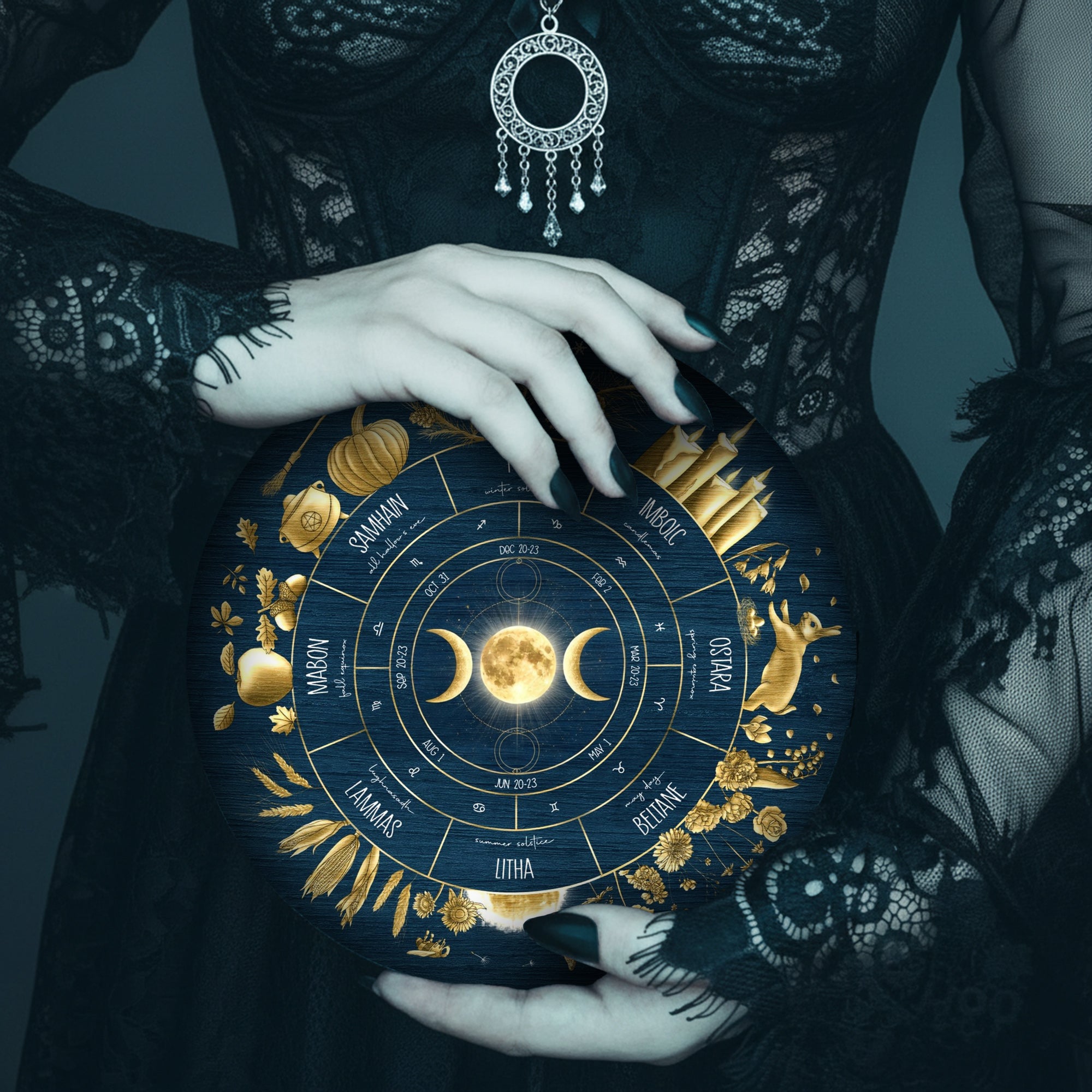 Blue Gold Wheel of the Year Wooden Moon Pagan Wall Art