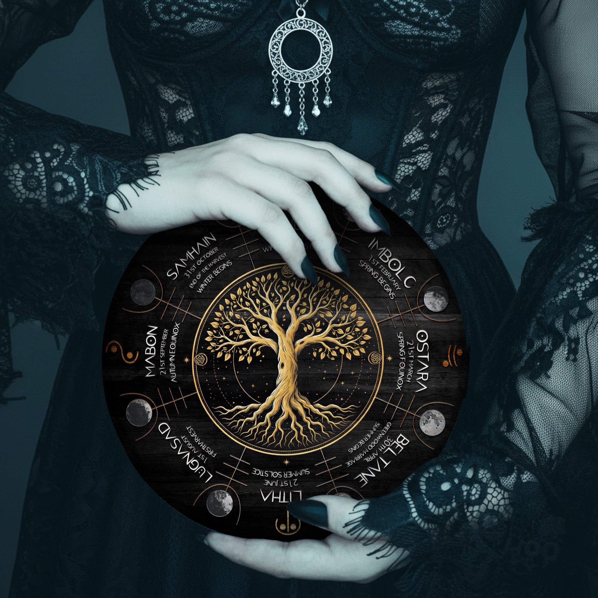 Black Gold Tree Wheel of the Year Wooden Pagan Wall Art