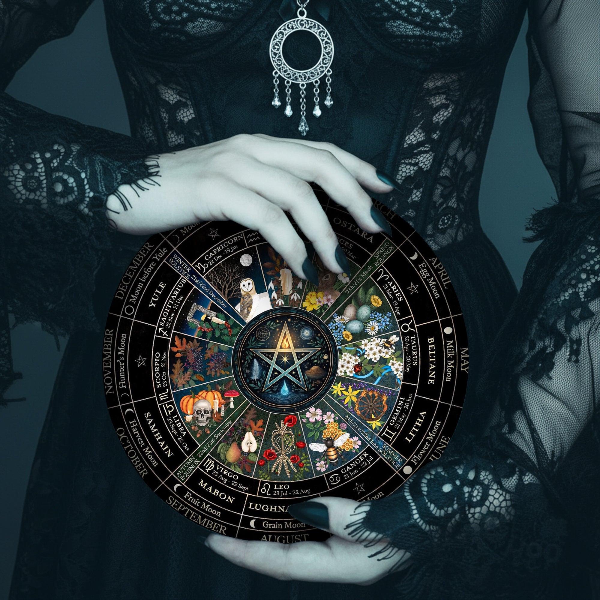 Pentagram Seasonal Wheel of the Year Wooden Wiccan Wall Art