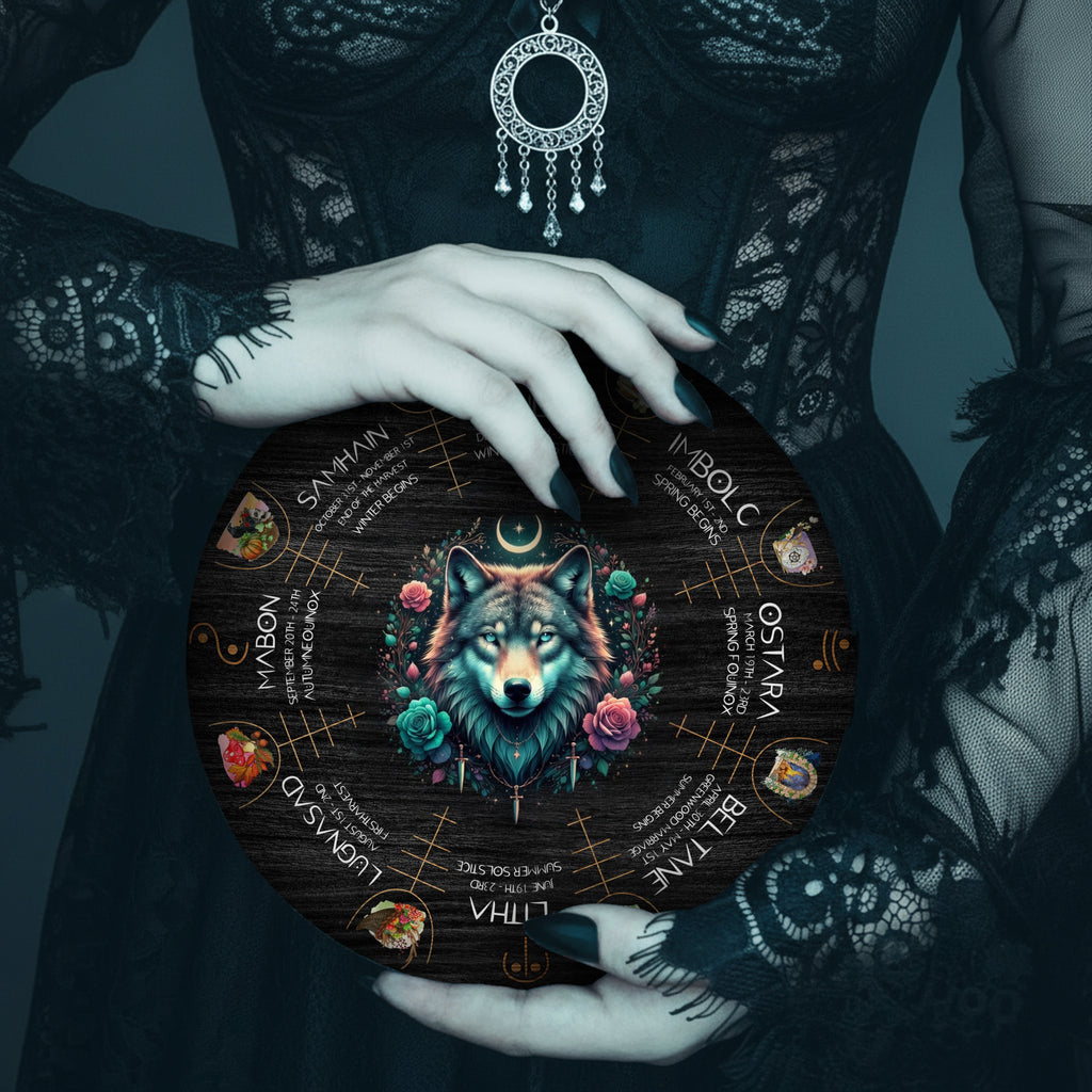 Mystic Wolf Wheel of the Year Wooden Pagan Wall Decor