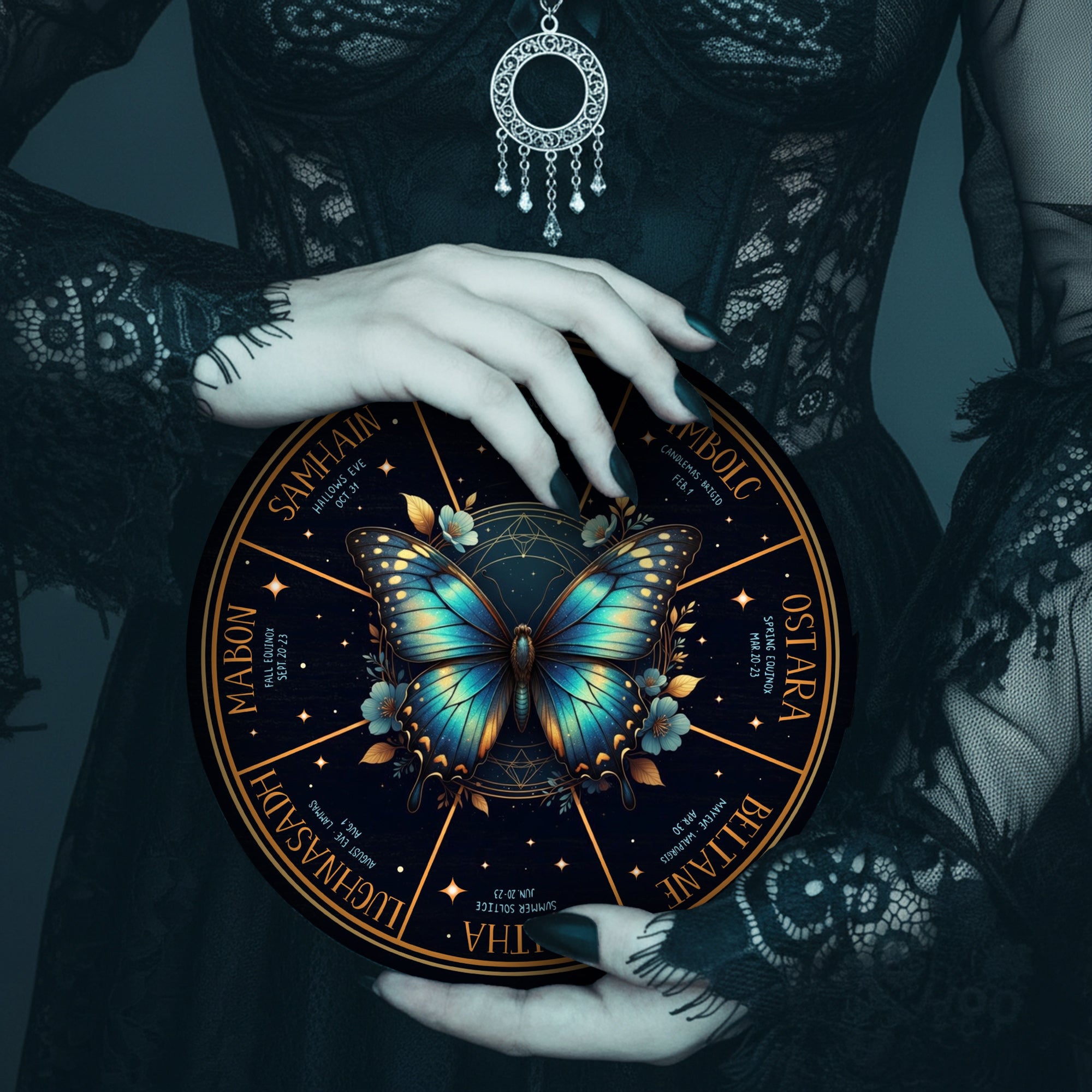 Blue Butterfly Wheel of the Year Wooden Pagan Wall Decor