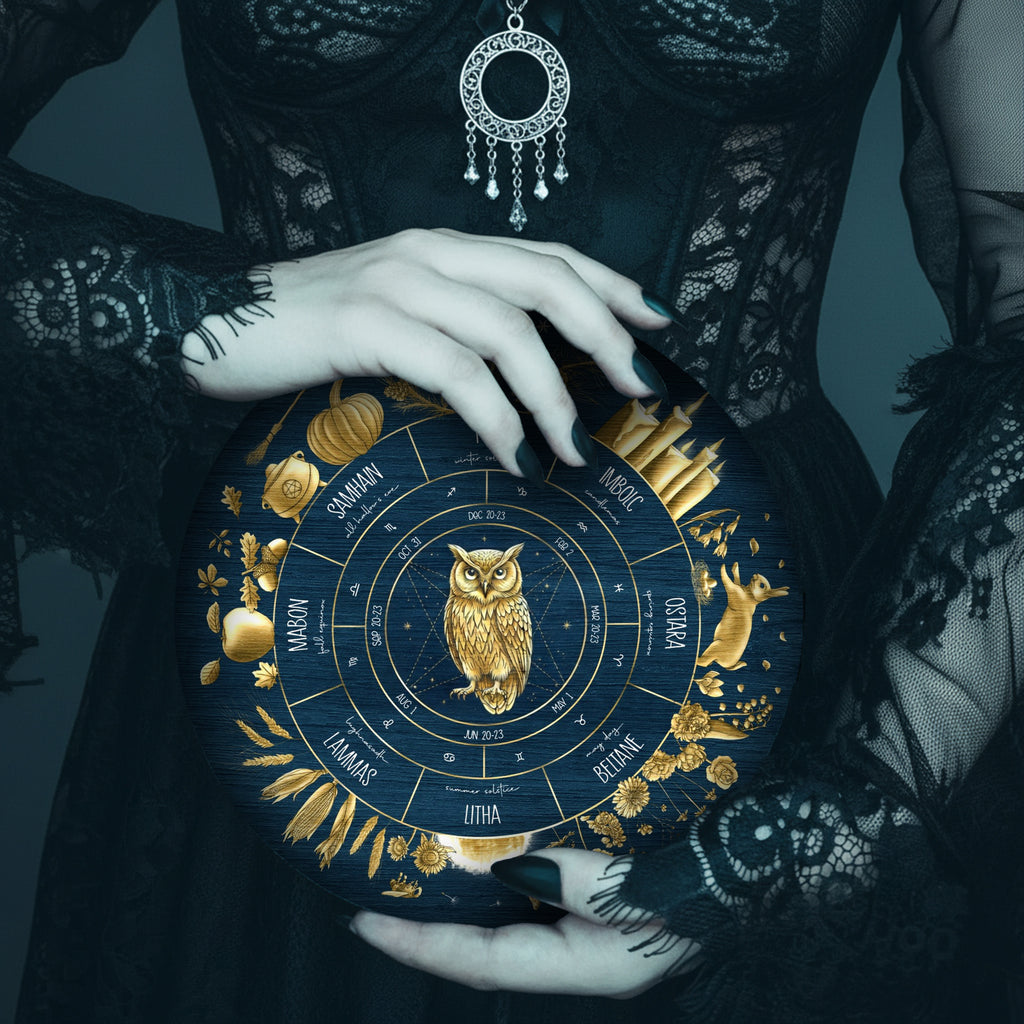 Blue Owl Wheel of the Year Wooden Pagan Wall Decor