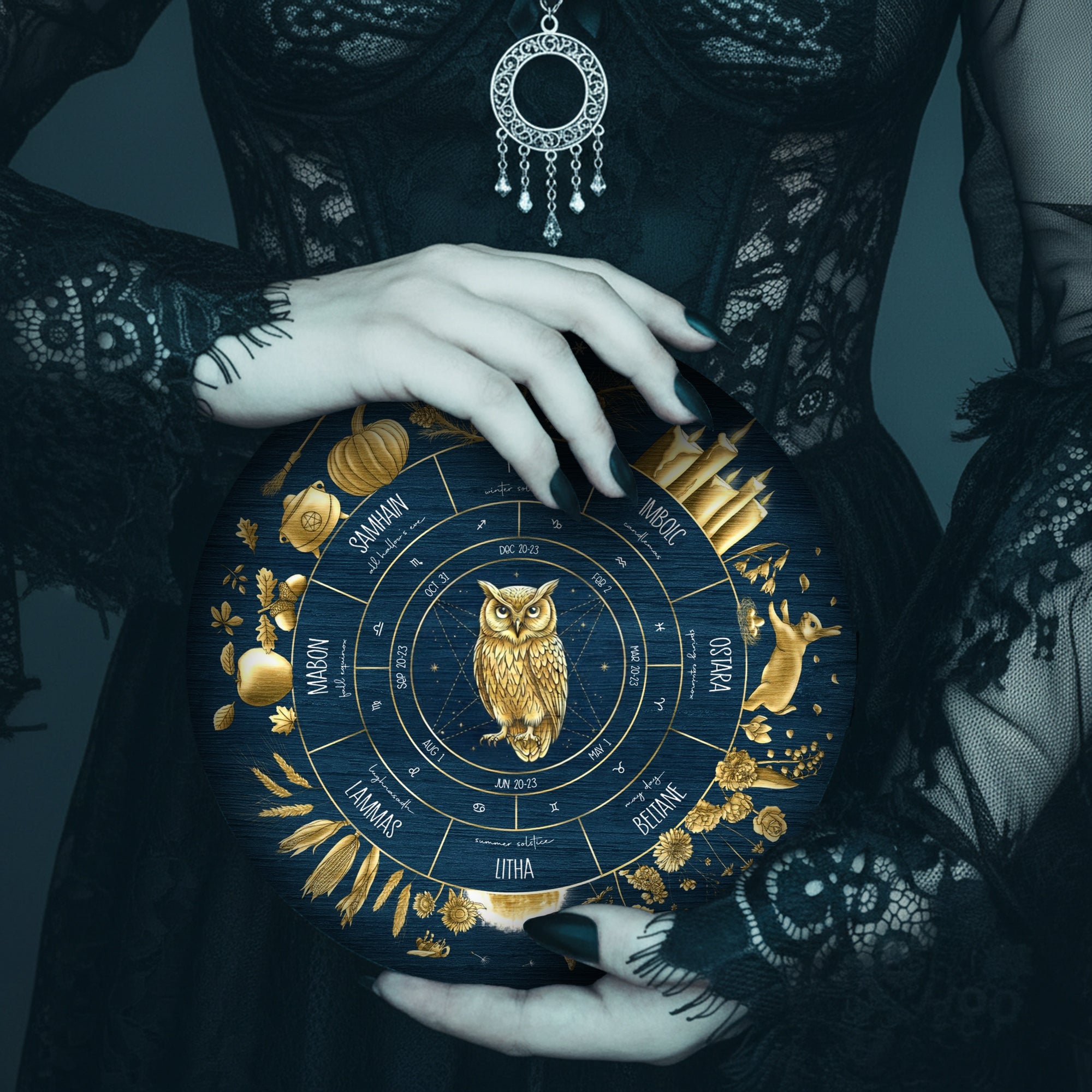 Blue Owl Wheel of the Year Wooden Pagan Wall Decor