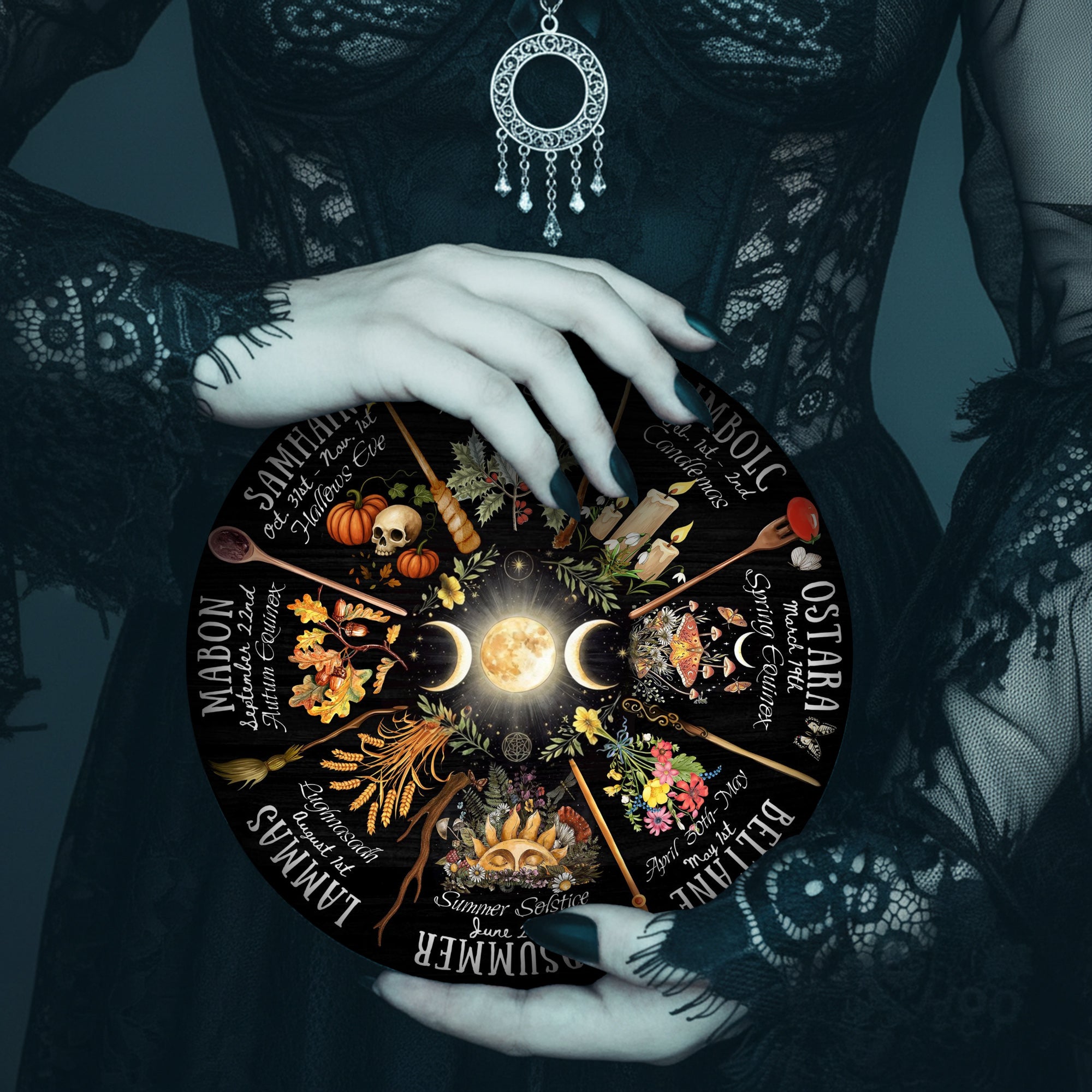 Moon Dark Seasonal Wheel of the Year Wooden Pagan Decor