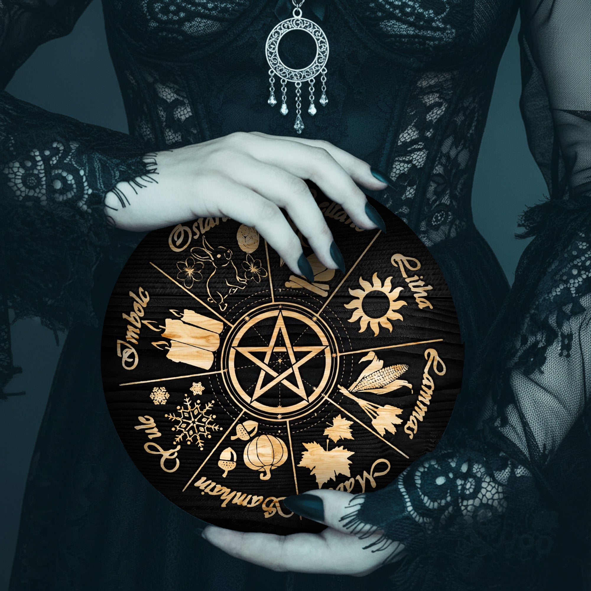 Pentagram Seasonal Wheel of the Year Wooden Wiccan Decor