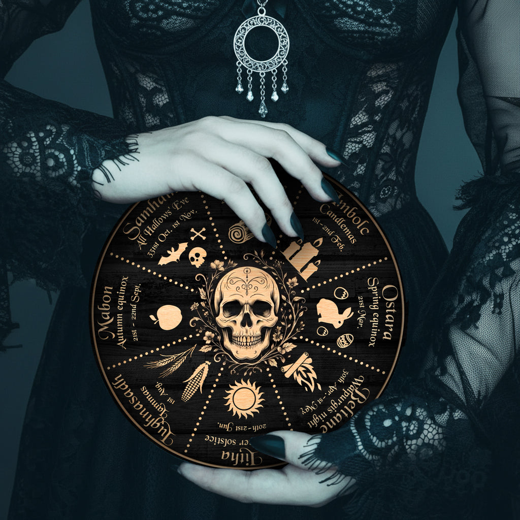 Skull Symbol Wheel of the Year Wooden Gothic Wall Art
