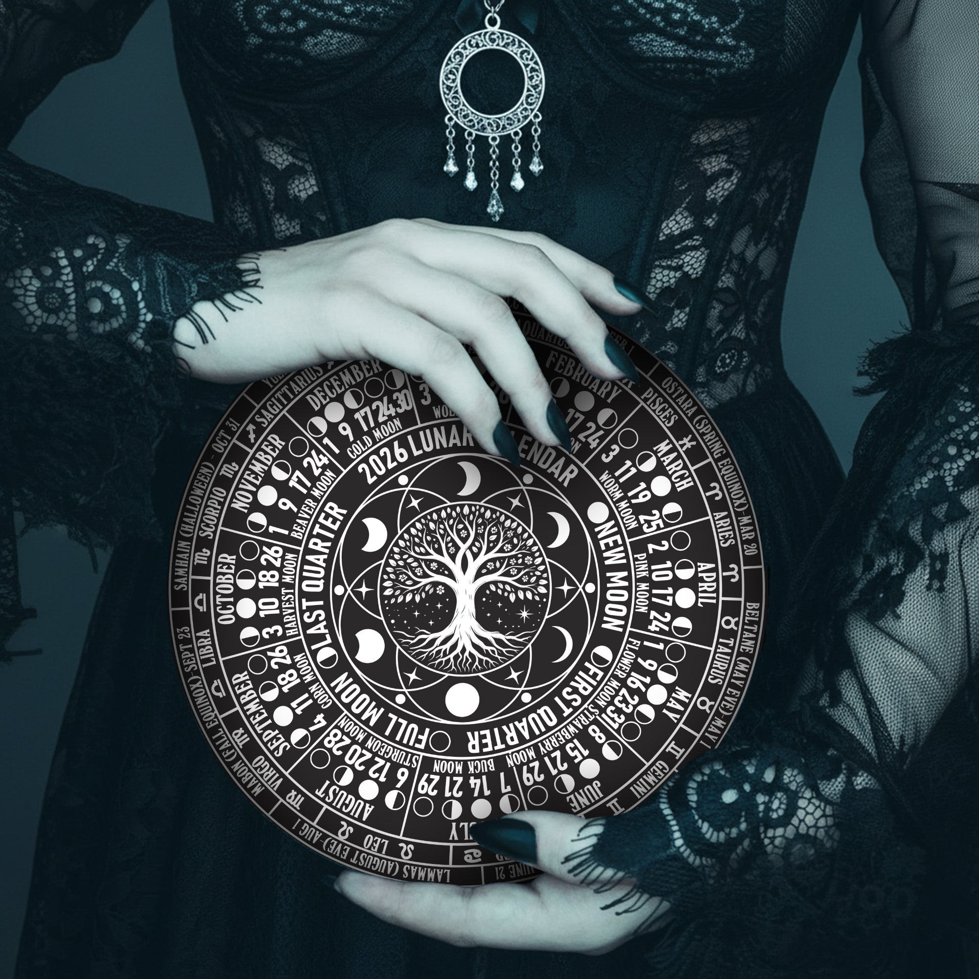 Lunar Calendar Wheel Wooden Pagan Wall Decor