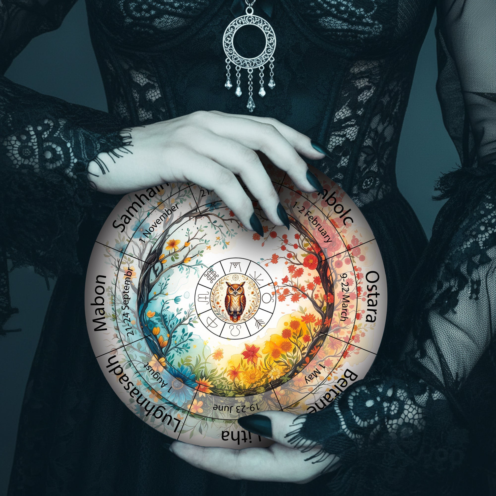 Colorful Owl Wheel of the Year Wooden Spiritual Decor