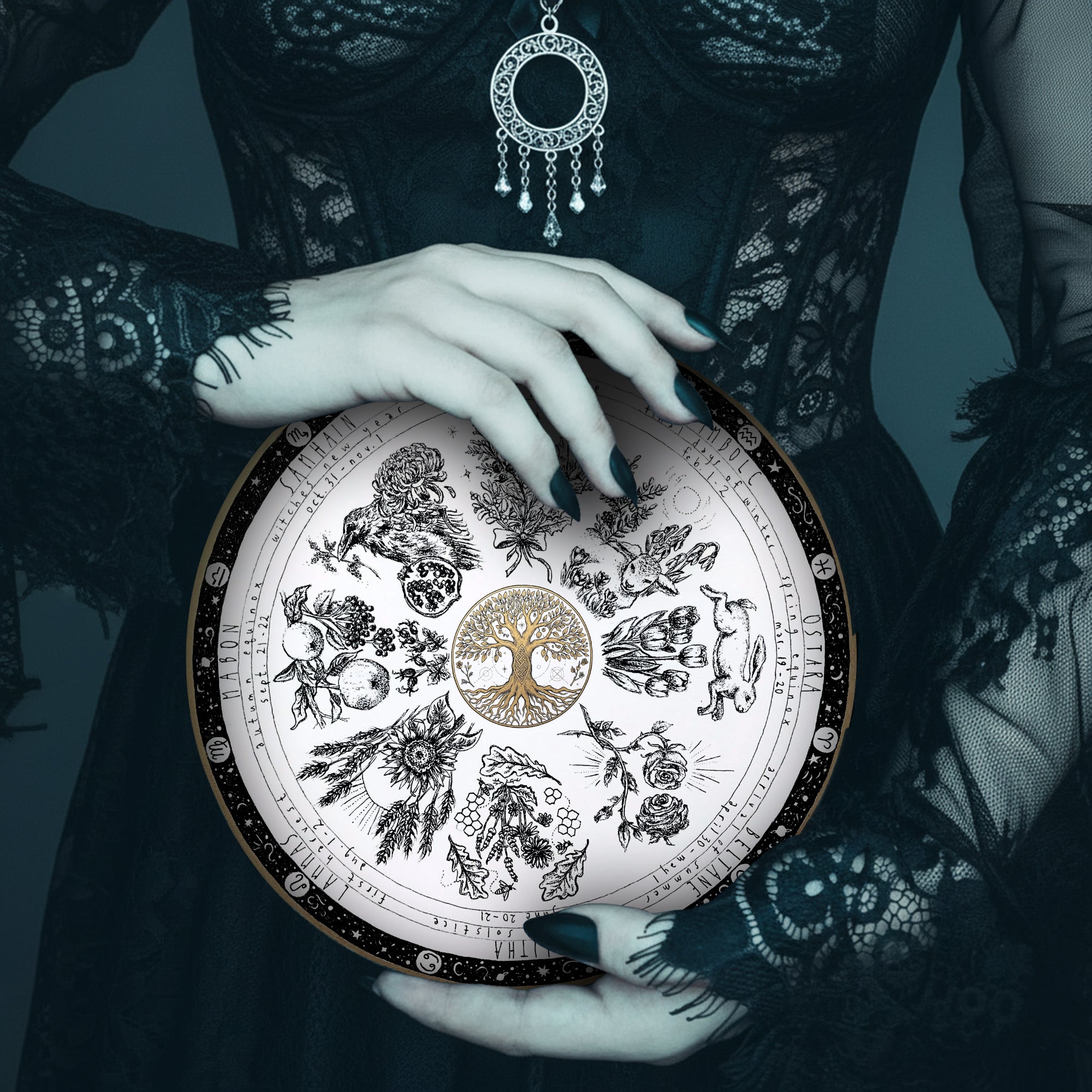 Vintage Botanical Wheel of the Year Wooden Wall Art