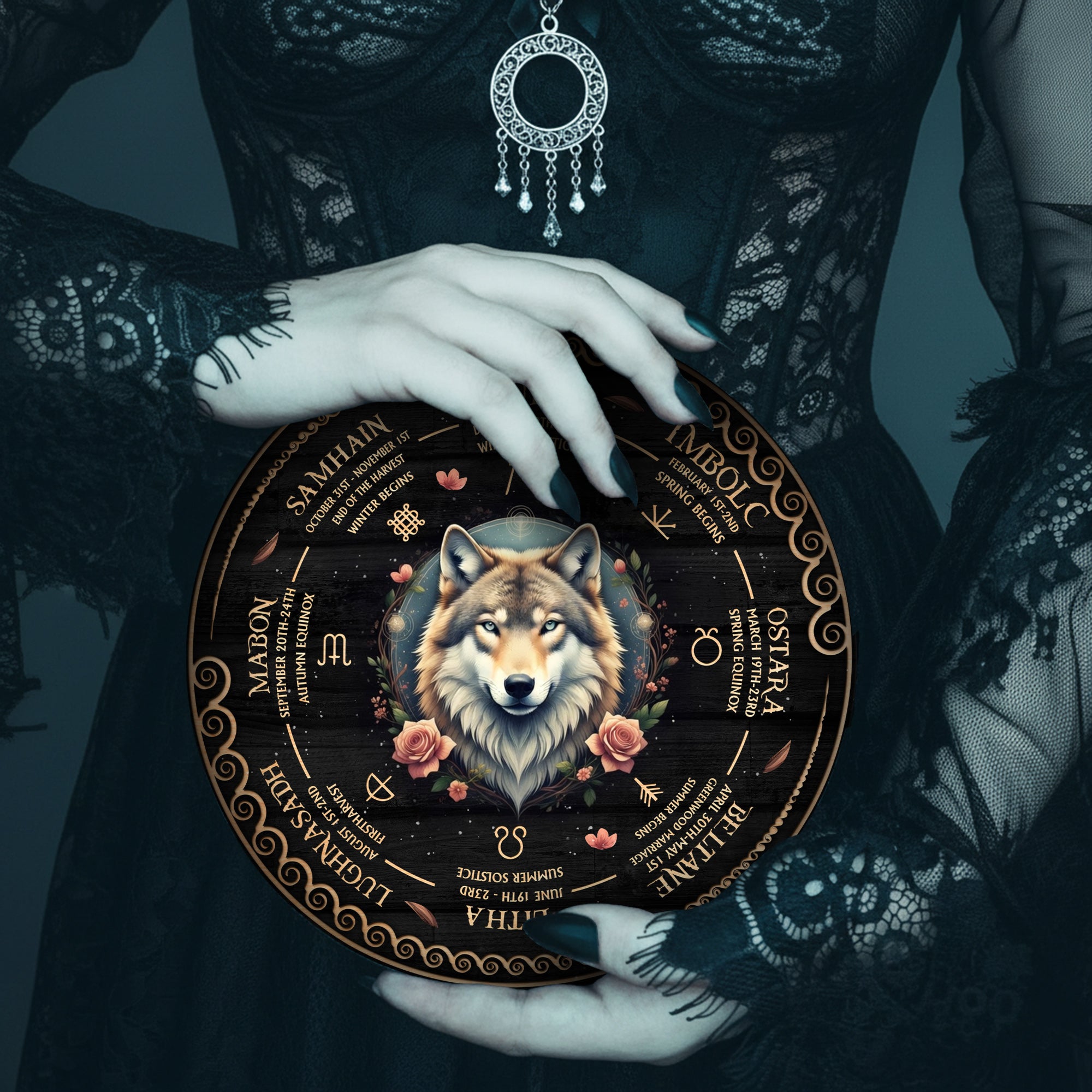 Wolf Floral Wheel of the Year Wooden Pagan Wall Art