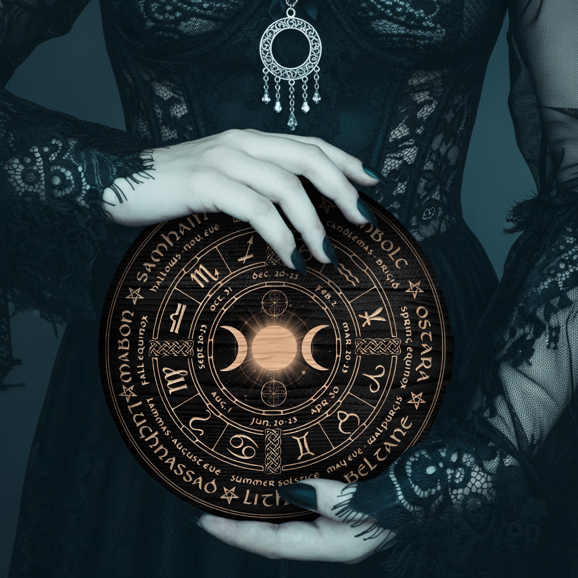 Moon Phase Zodiac Wheel of the Year Wooden Wall Art