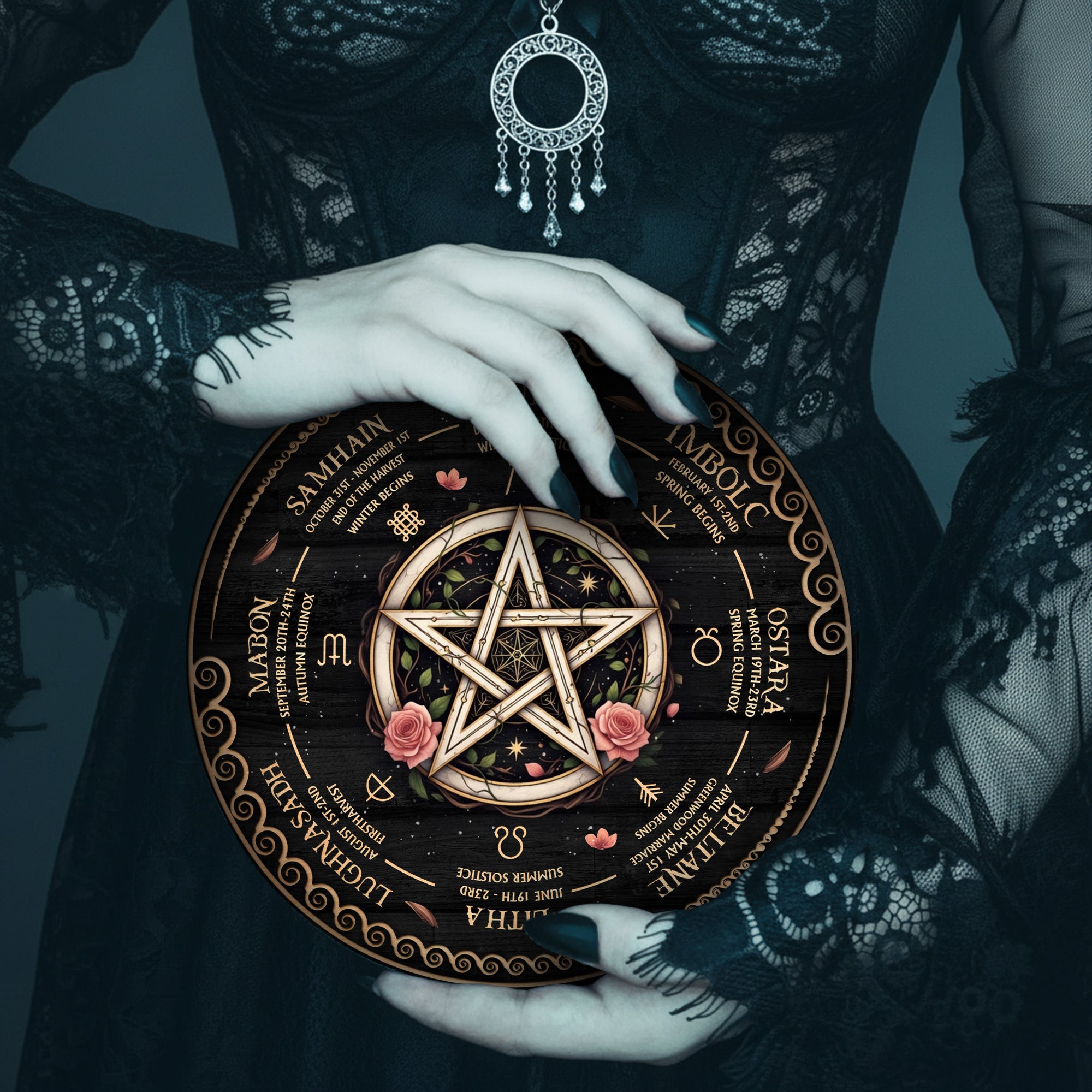 Pentagram Floral Wheel of the Year Wooden Wiccan Decor