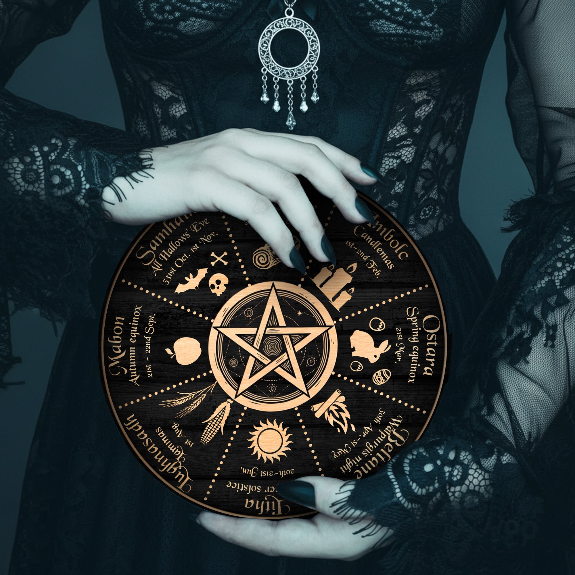 Pentagram Symbol Wheel of the Year Wooden Wiccan Decor