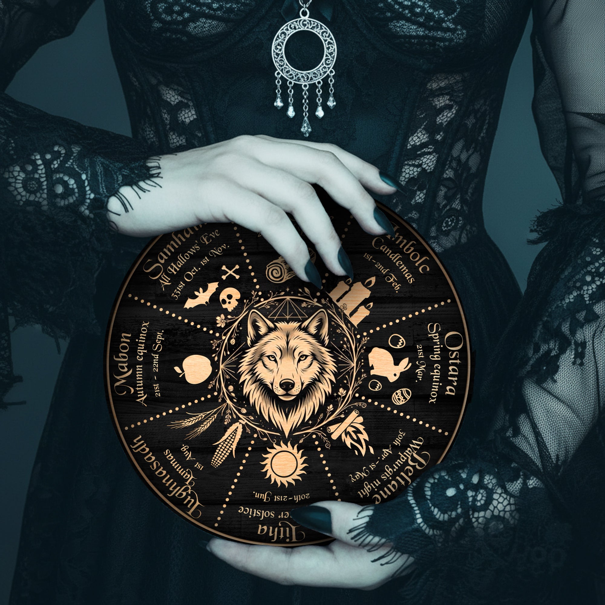 Wolf Symbol Wheel of the Year Wooden Pagan Wall Decor