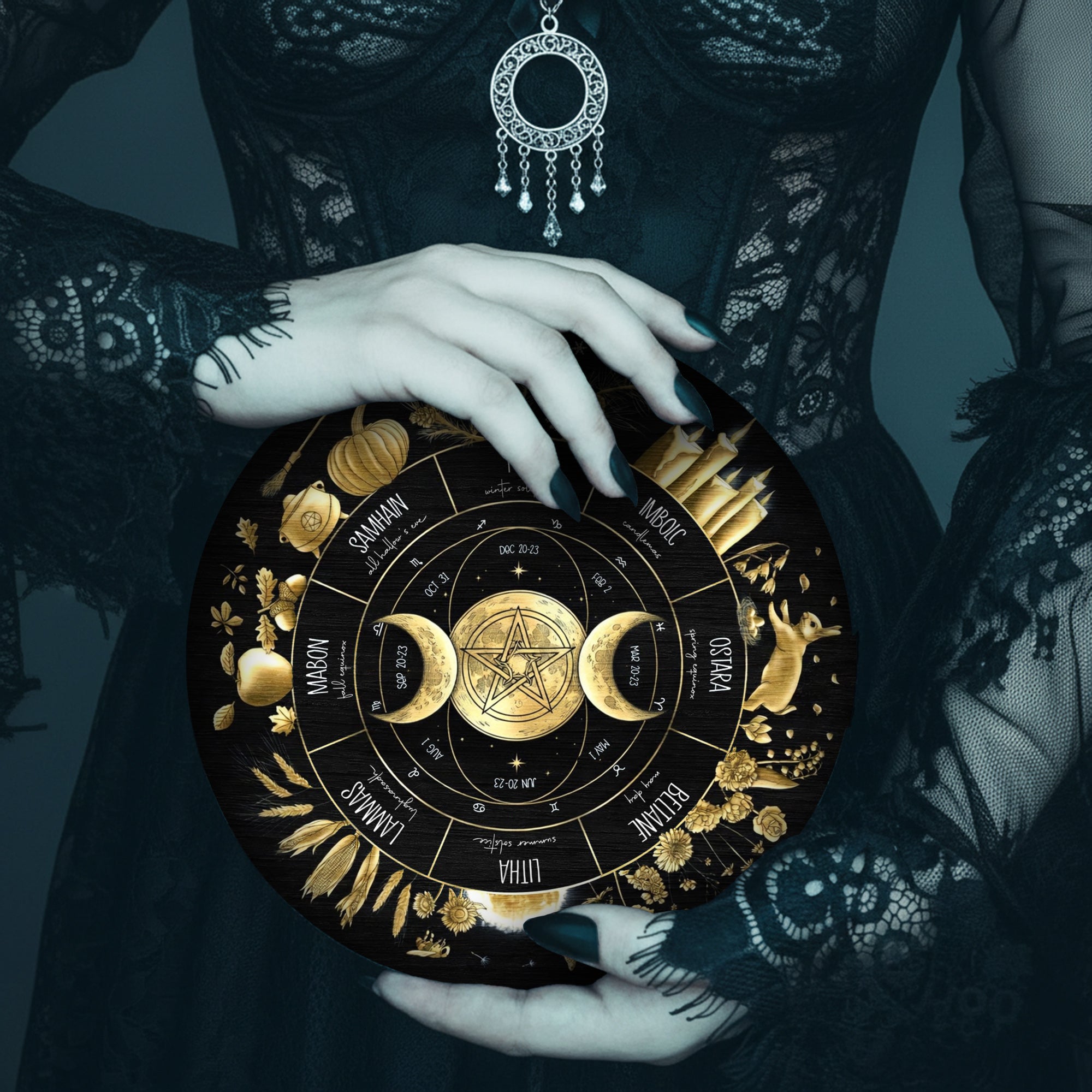 Gold Mystic Wheel of the Year Wooden Pagan Wall Decor