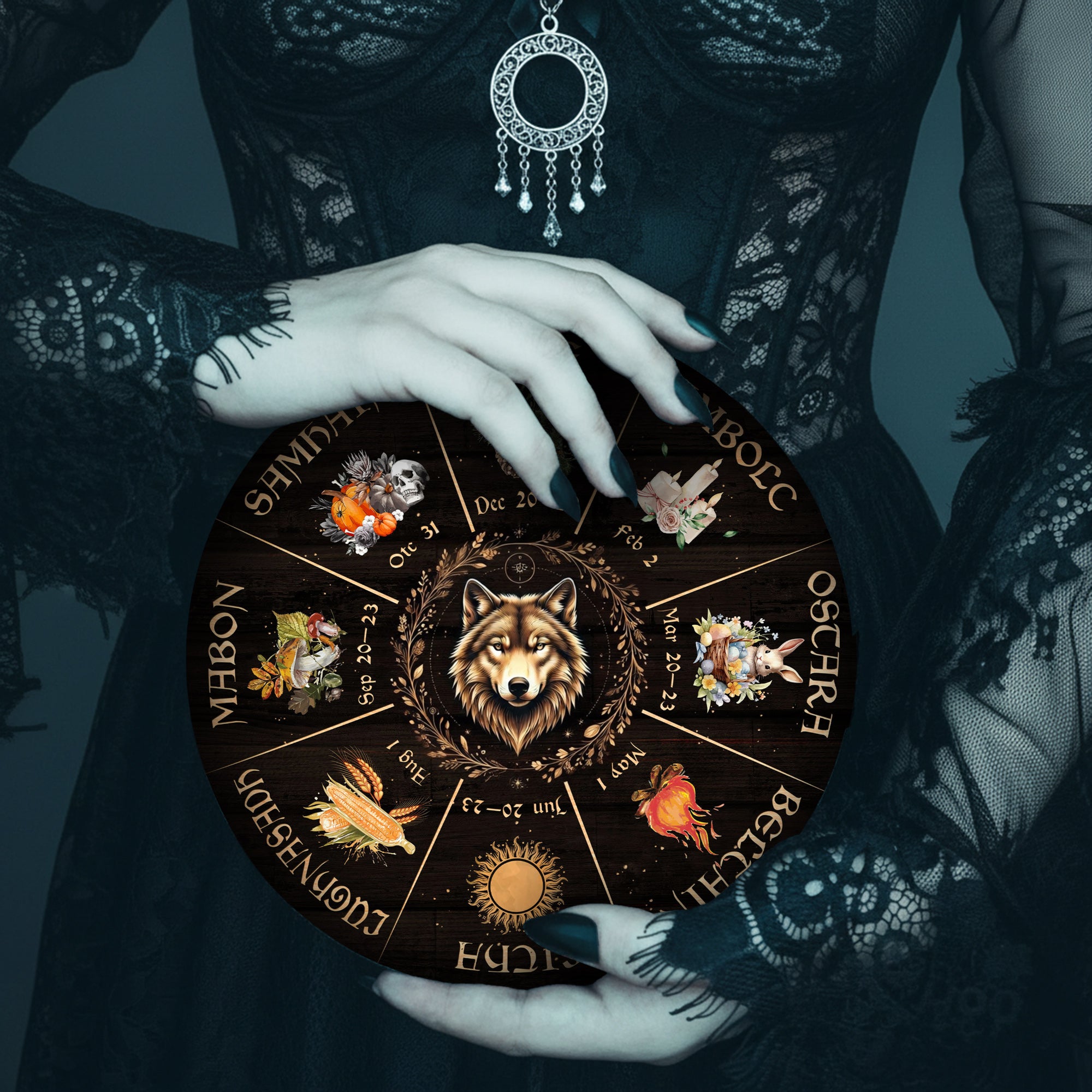 Wolf Seasonal Wheel of the Year Wooden Pagan Wall Art